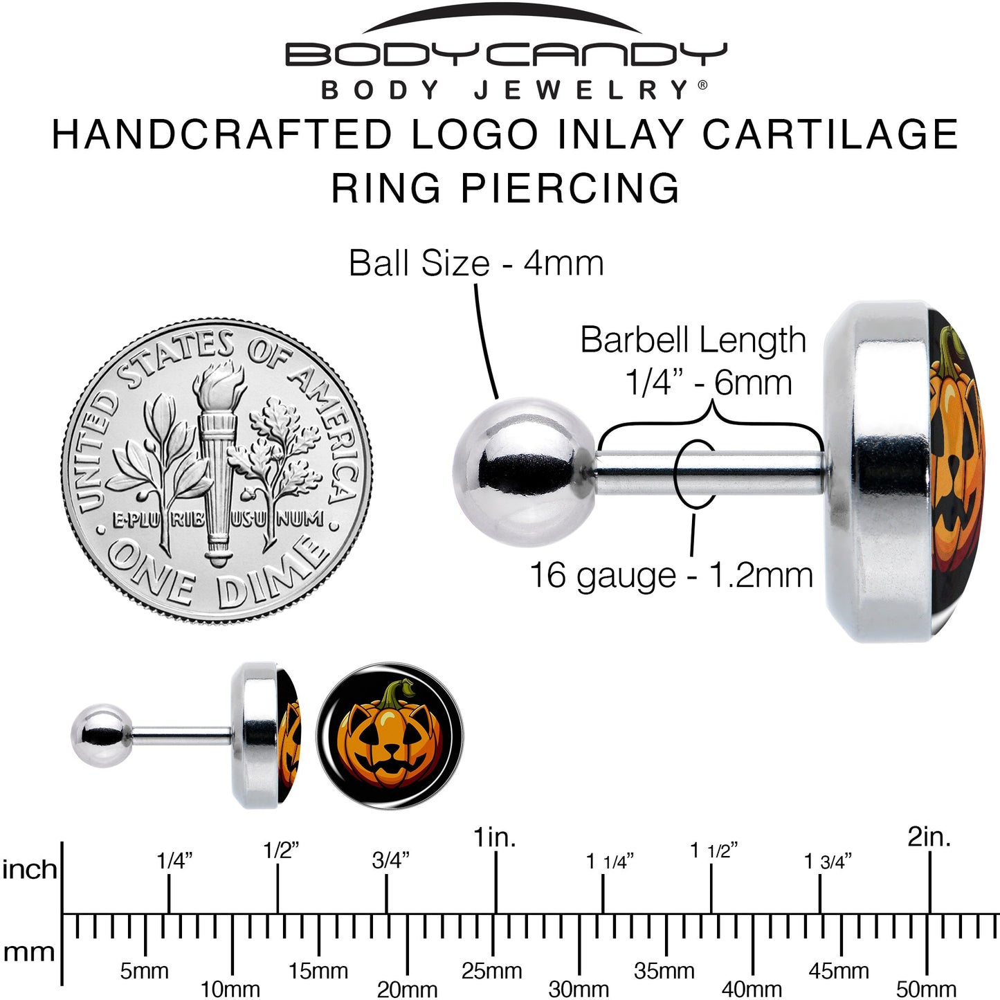 16G 1/4  Pumpkin Cat Jack-O-Lantern Tragus Cartilage Earring by Onyx O