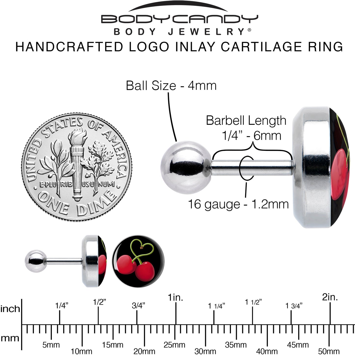 16G 1/4 Cherry Heart Cartilage Tragus Earring by Onyx O