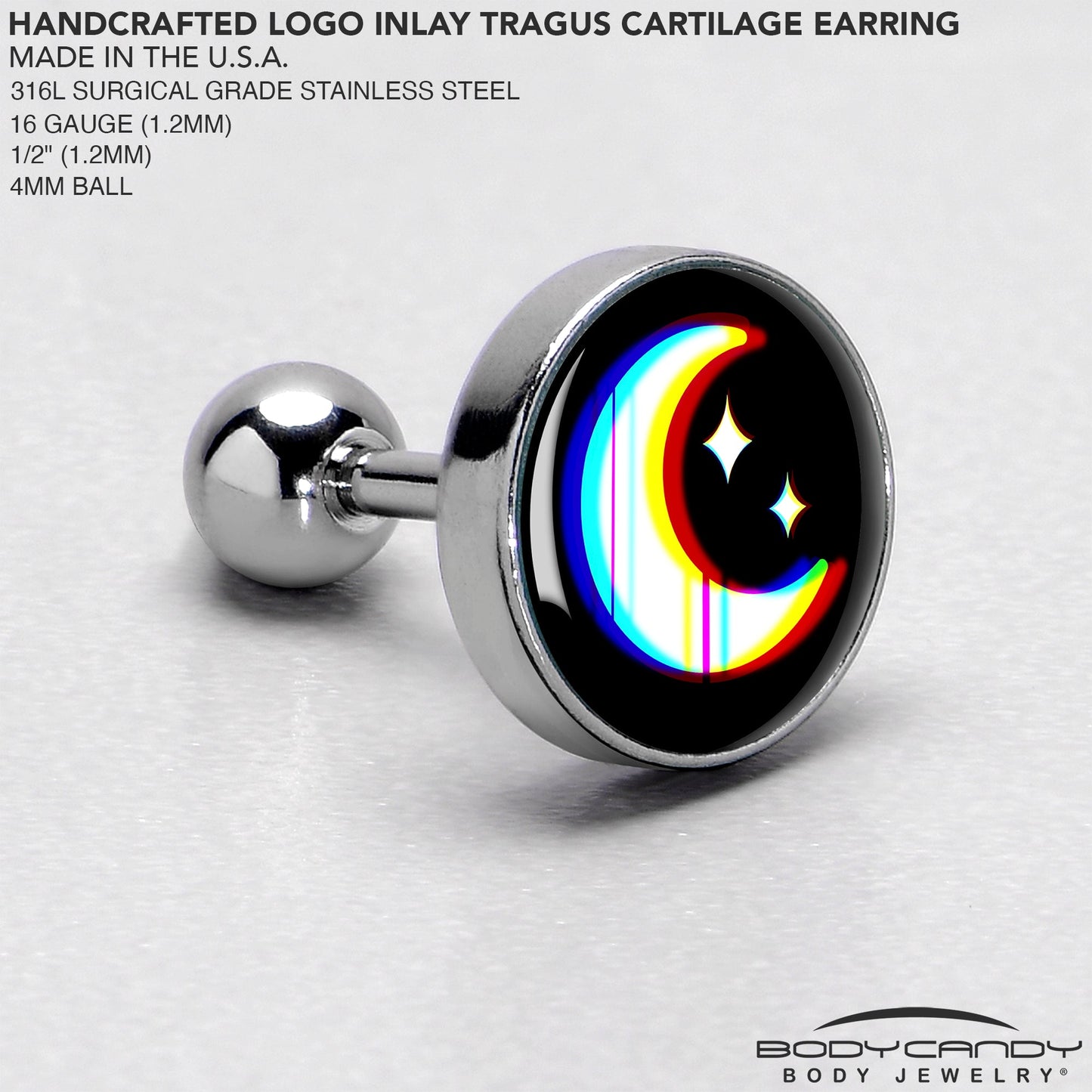 16G 1/4 Chromatic Moon Tragus Cartilage Earring by Onyx O