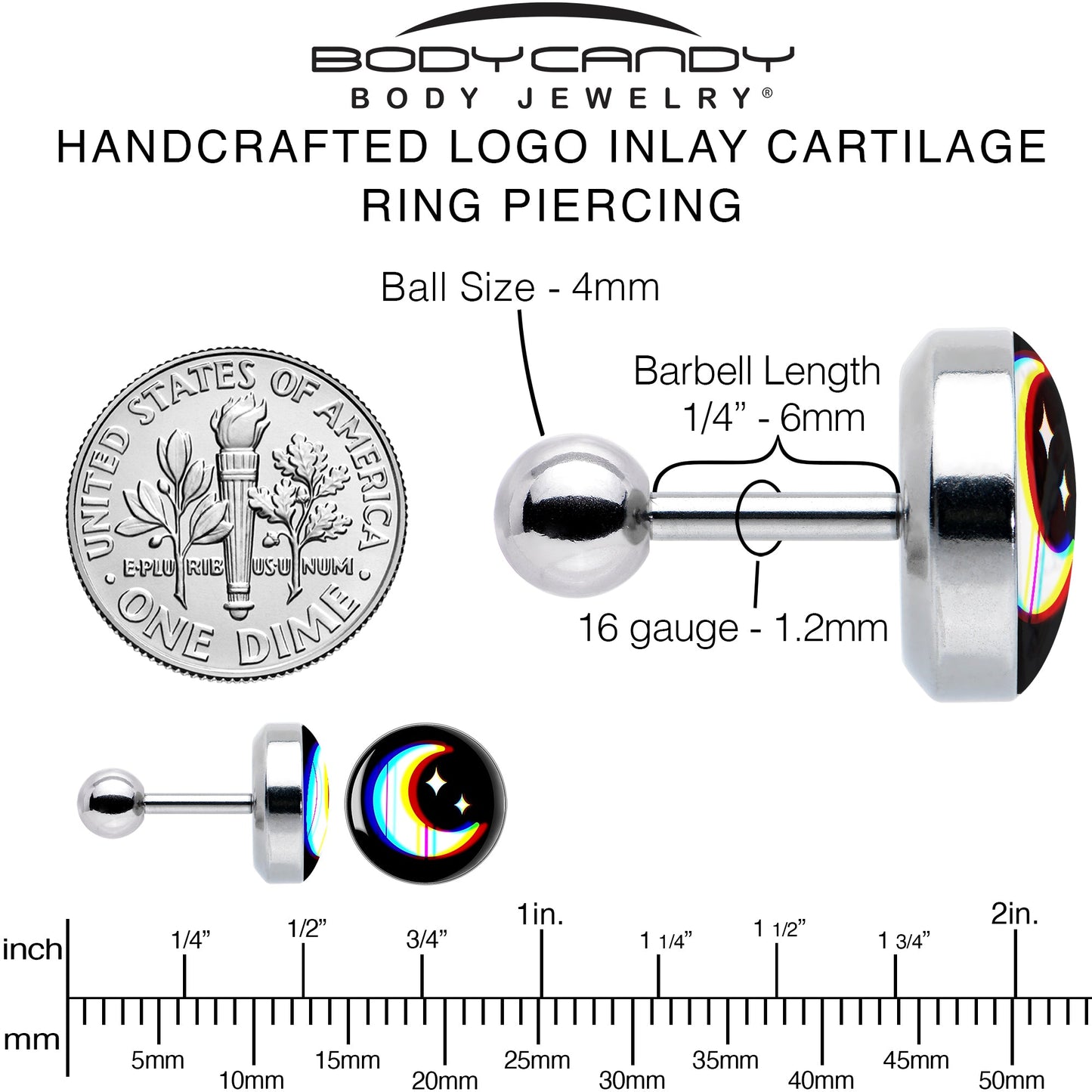 16G 1/4 Chromatic Moon Tragus Cartilage Earring by Onyx O