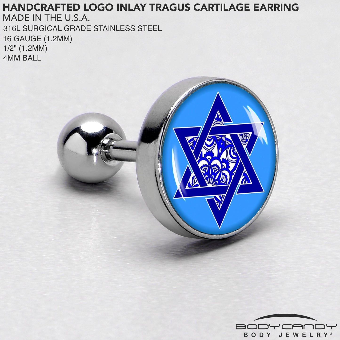 16G 1/4 Floral Star of David Tragus Cartilage Earring by Onyx O