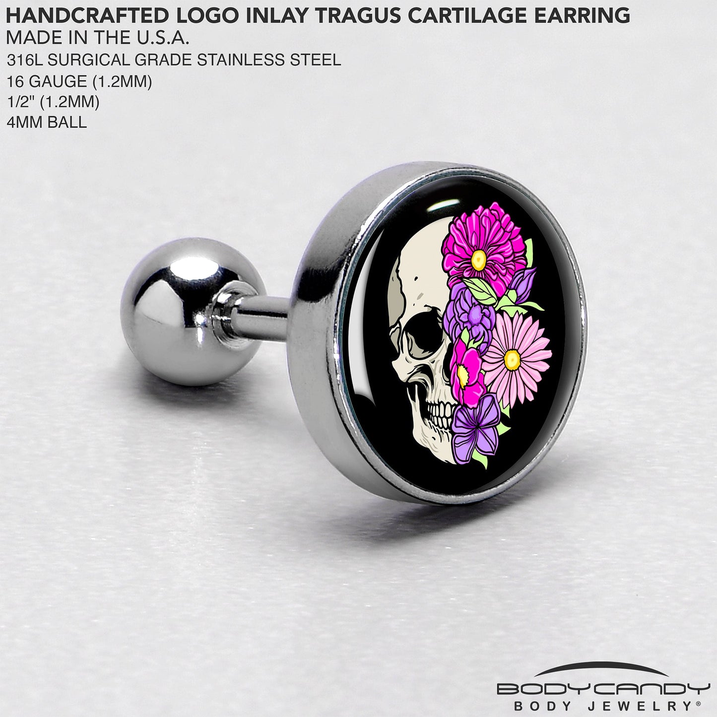 16G 1/4 Floral Flowers Skull Cartilage Tragus Earring by Onyx O