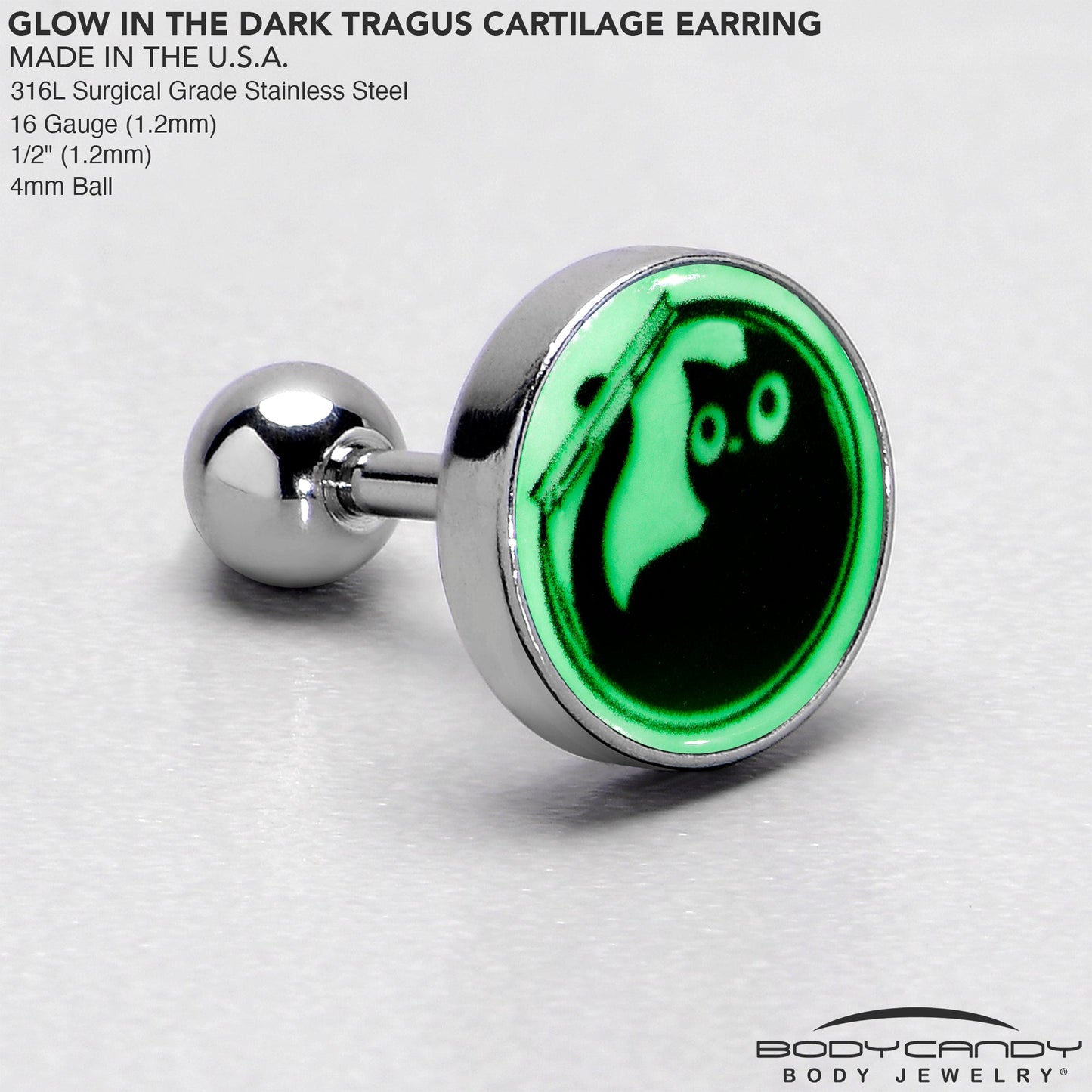 16G Glow in the Dark Fishbowl Kitty Cat Tragus Cartilage Earring by Onyx O