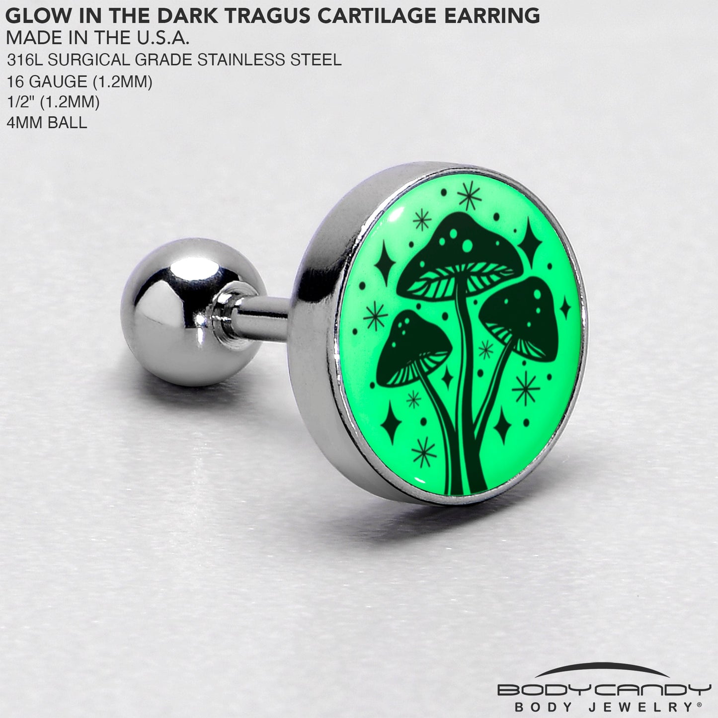 16G 1/4 Glow in the Dark Mystic Mushroom Tragus Cartilage Earring by Onyx O