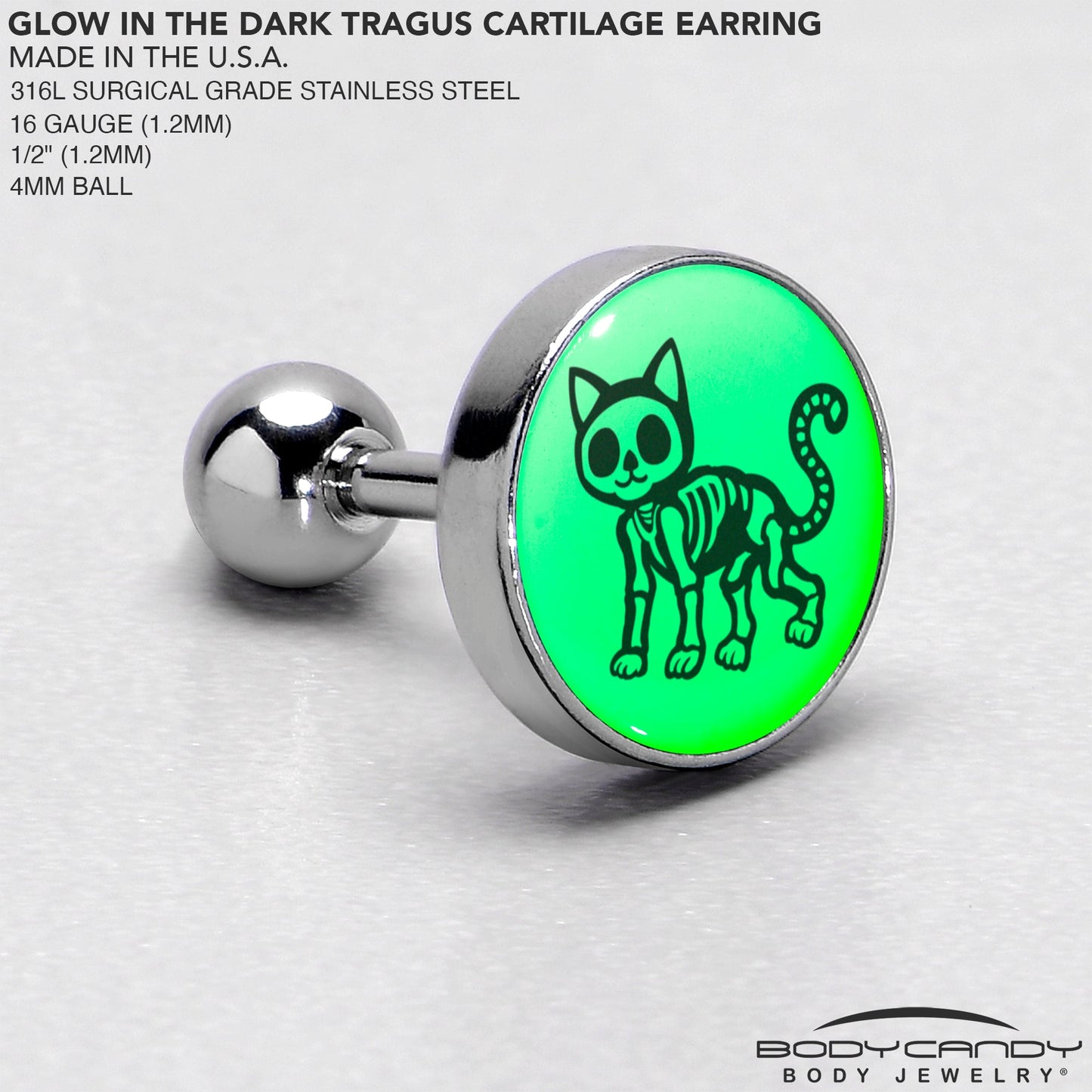 16G 1/4 Glow in the Dark Skeleton Kitty Cat Tragus Cartilage Earring by Onyx O