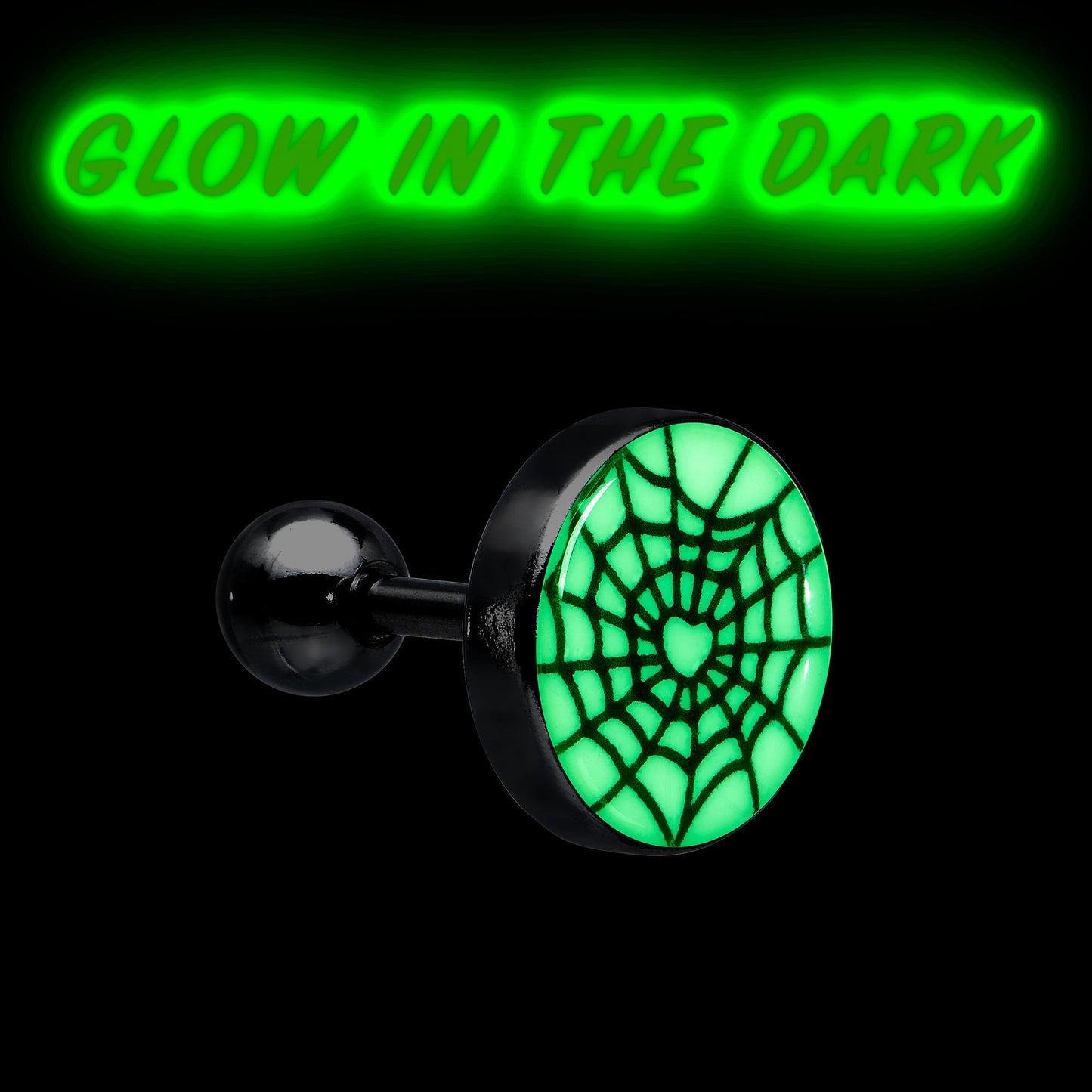 16G 1/4 Glow in the Dark Heart Spider Web Cartilage Tragus Earring