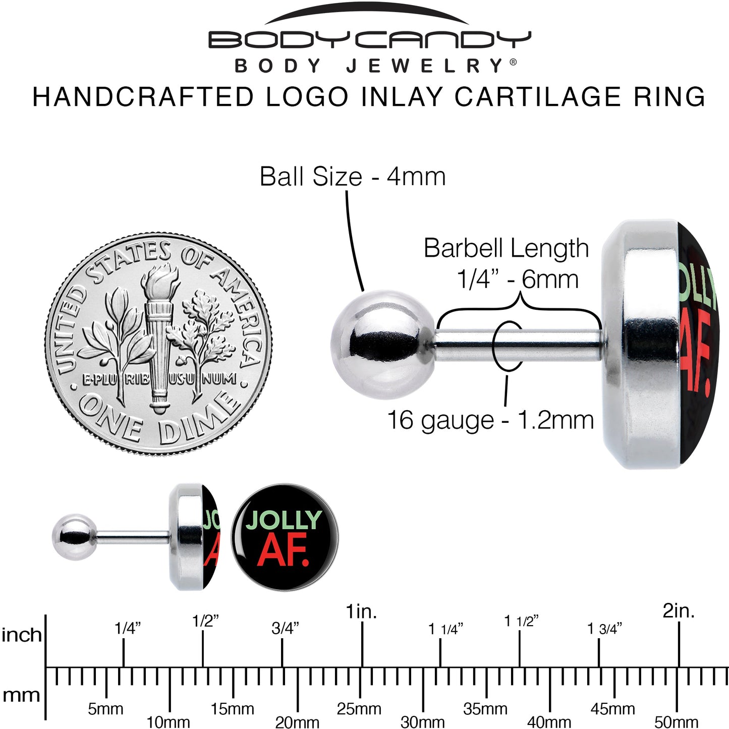 16G 1/4 Jolly AF Festive Holiday Tragus Cartilage Earring by Onyx O