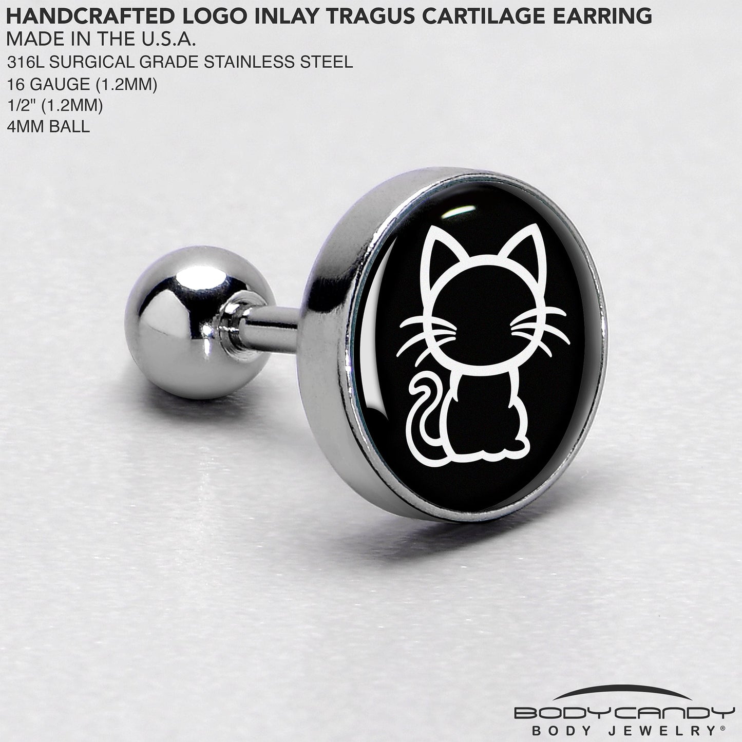 16G 1/4 Black and White Kitty Cat Cartilage Tragus Earring by Onyx O