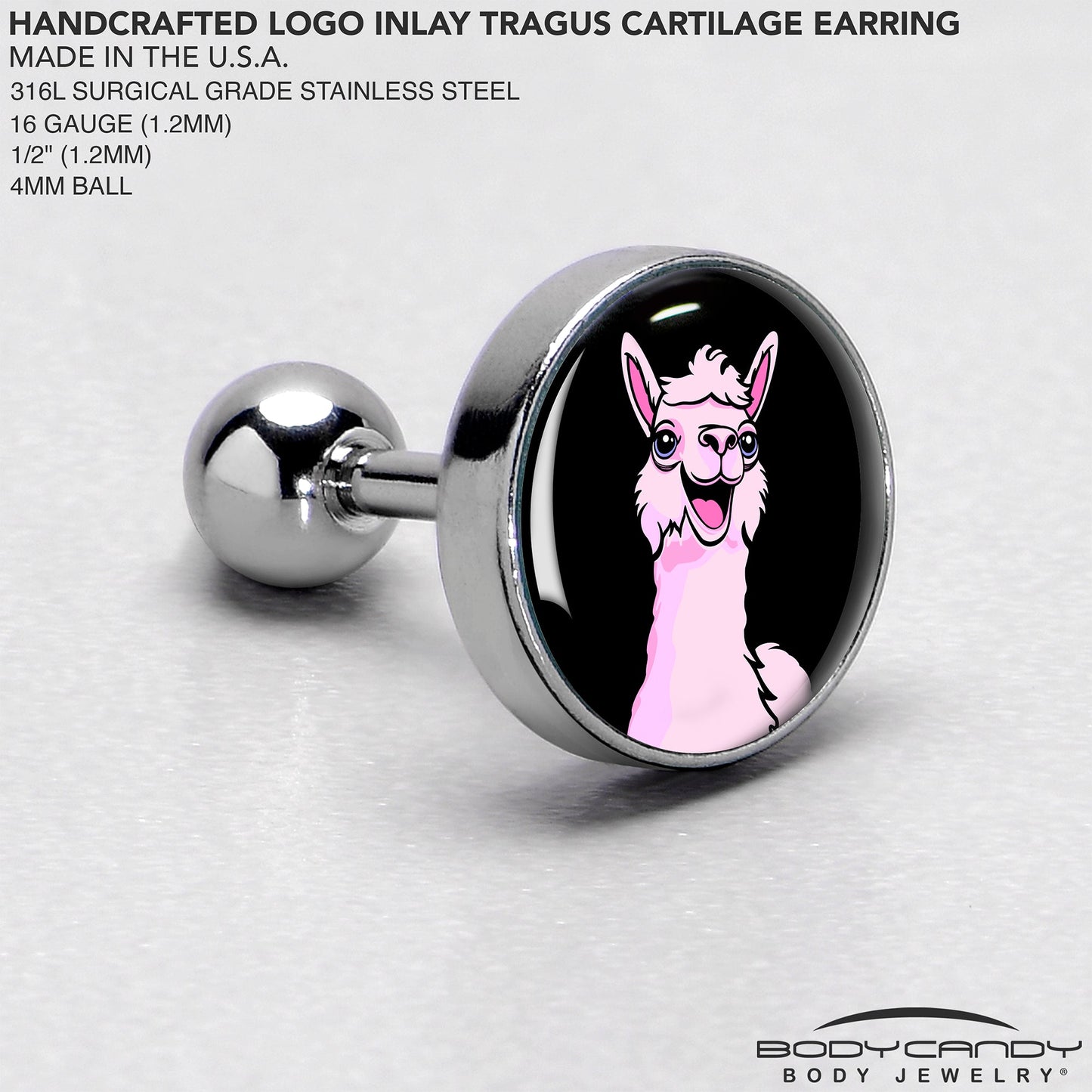 16G 1/4 Pink Happy Llama Cartilage Tragus Earring by Onyx O