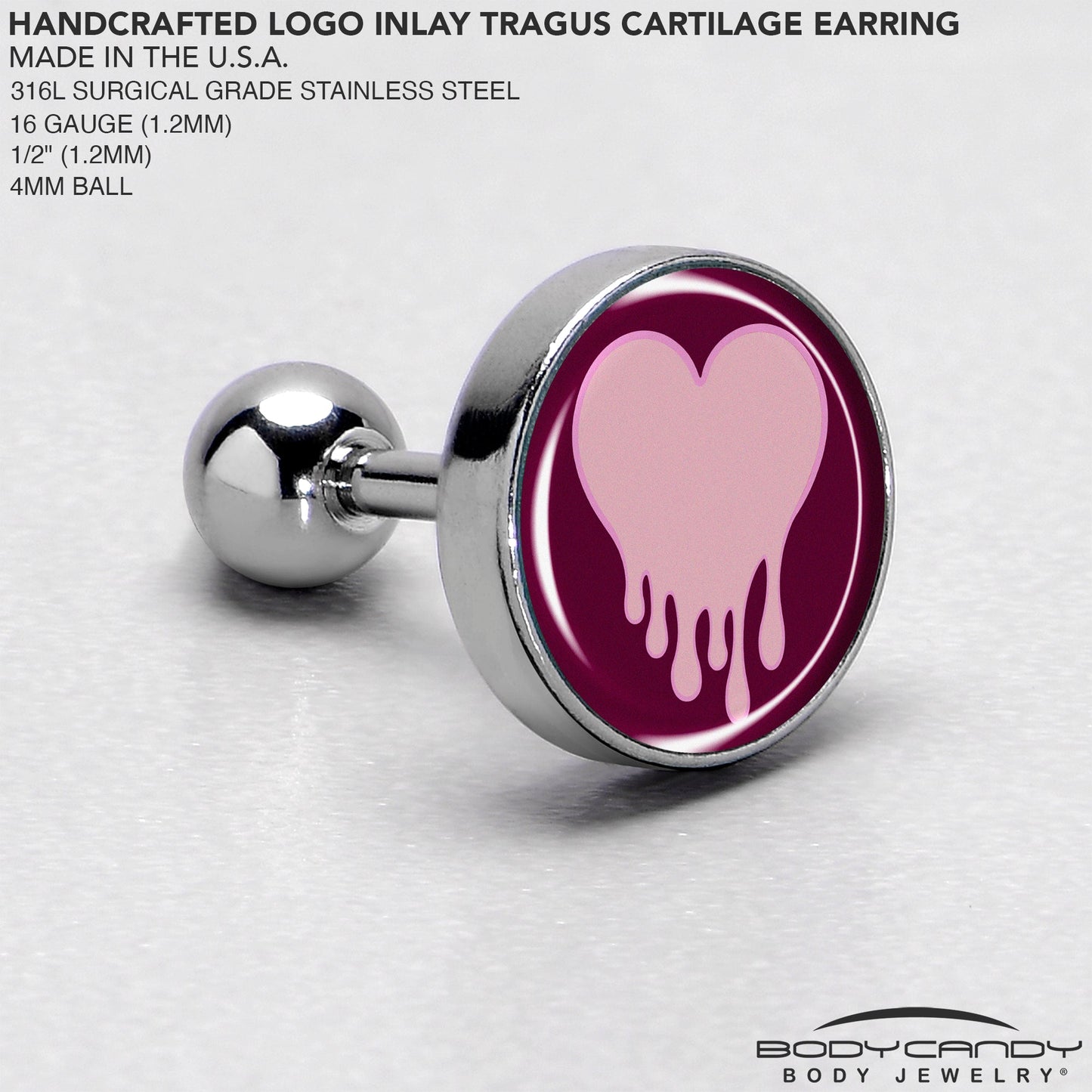 16G 1/4 Pinkish Melting Heart Tragus Cartilage Earring by Onyx O