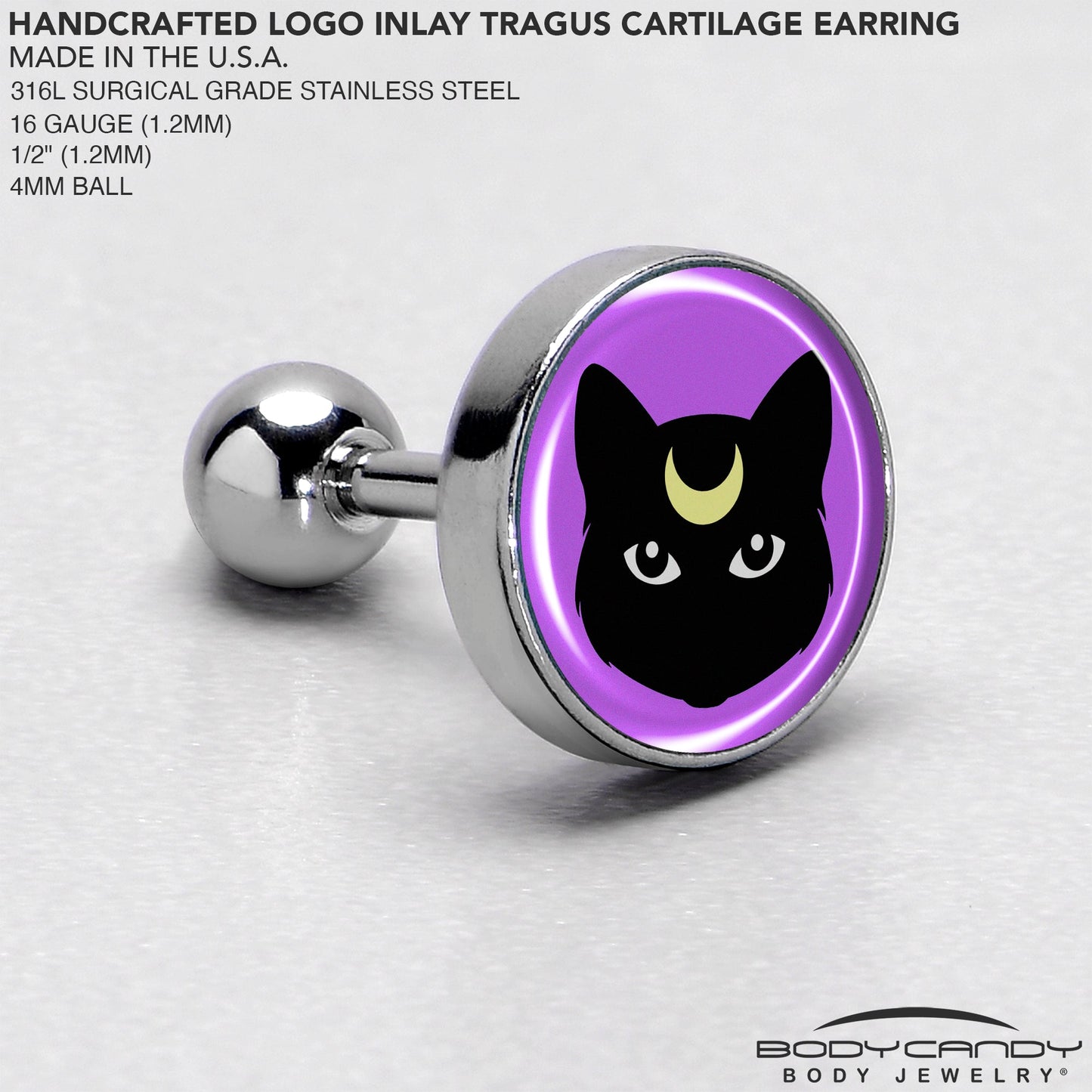 16G 1/4 Black Mystic Kitty Cat Tragus Cartilage Earring by Onyx O