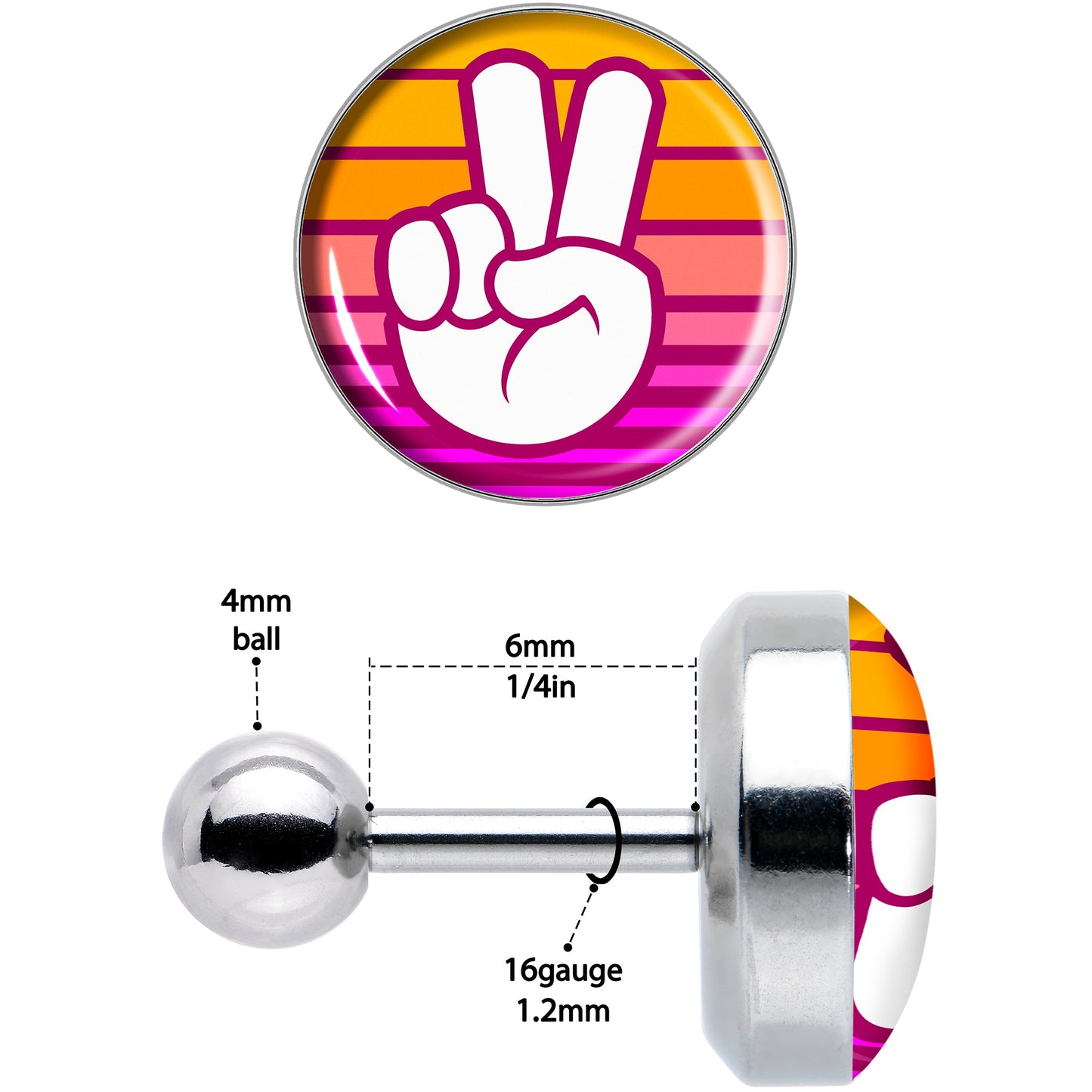 16G 1/4 Retro Stripes Peace Sign Fingers Cartilage Tragus Earring by Onyx O