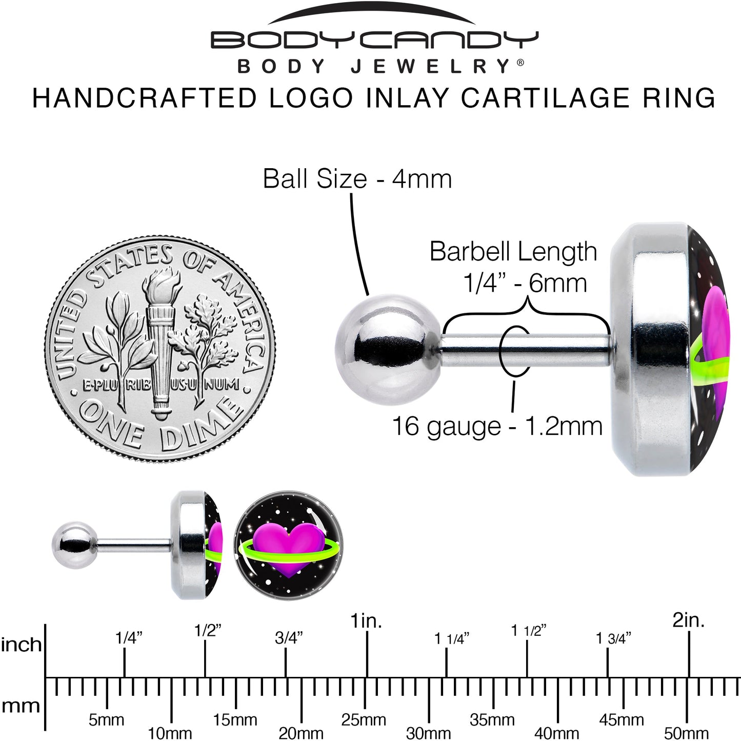 16G 1/4 Heart Planet Cartilage Tragus Earring by Onyx O