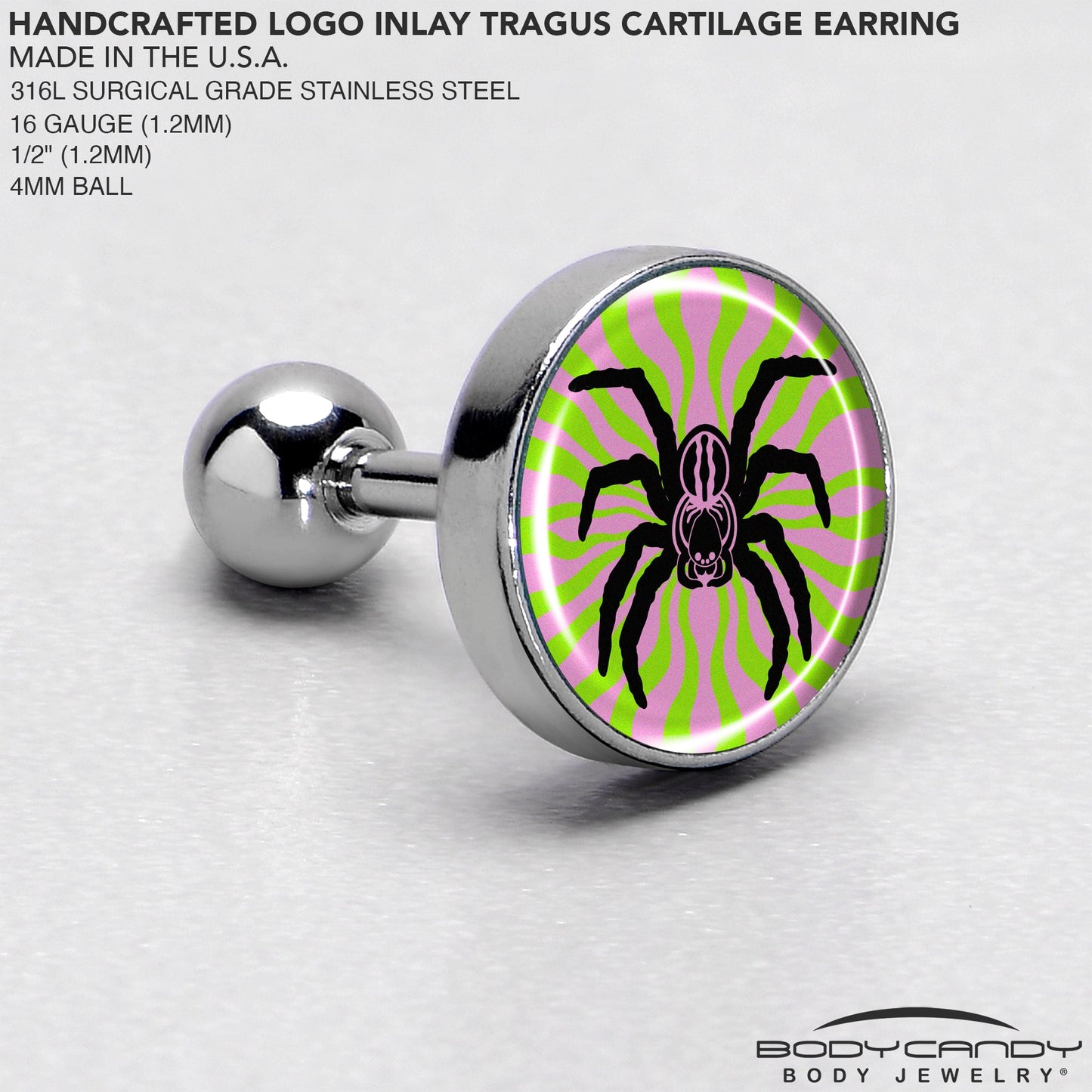 16G 1/4 Psychedelic Spider Tragus Cartilage Earring by Onyx O