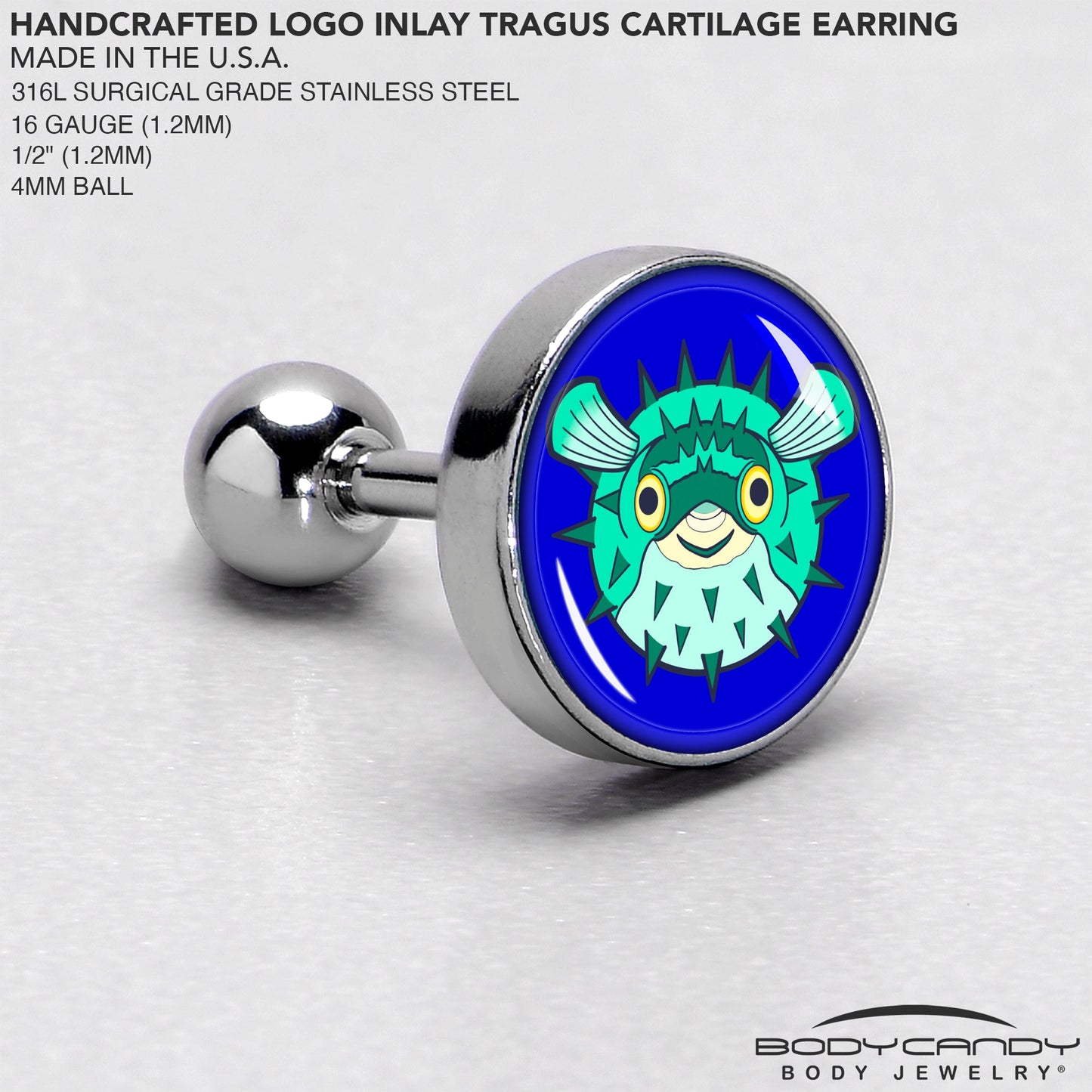 16G 1/4 Pufferfish Cartilage Tragus Earring by Onyx O