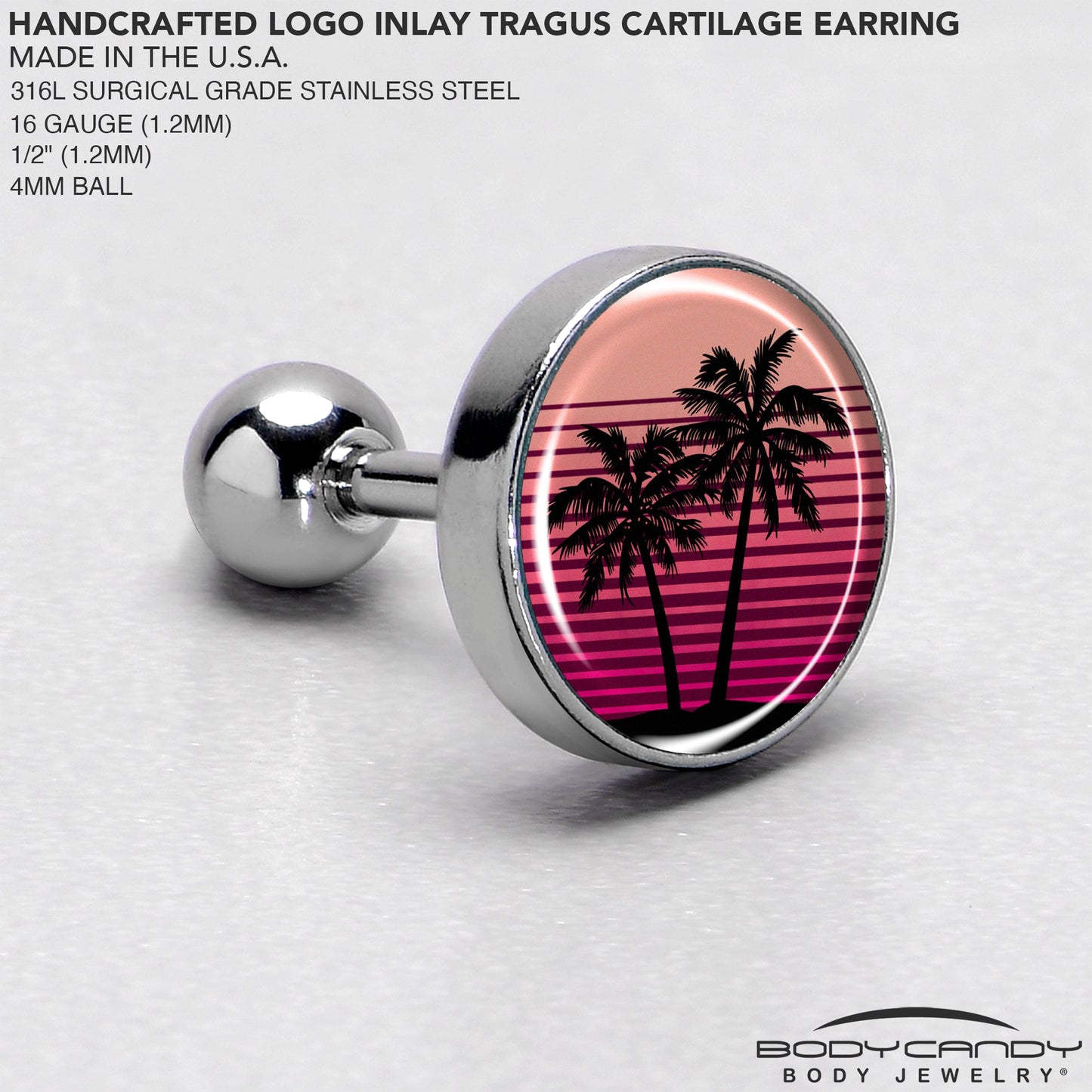 16G 1/4 Palm Tree Retro Sunset Tragus Cartilage Earring by Onyx O