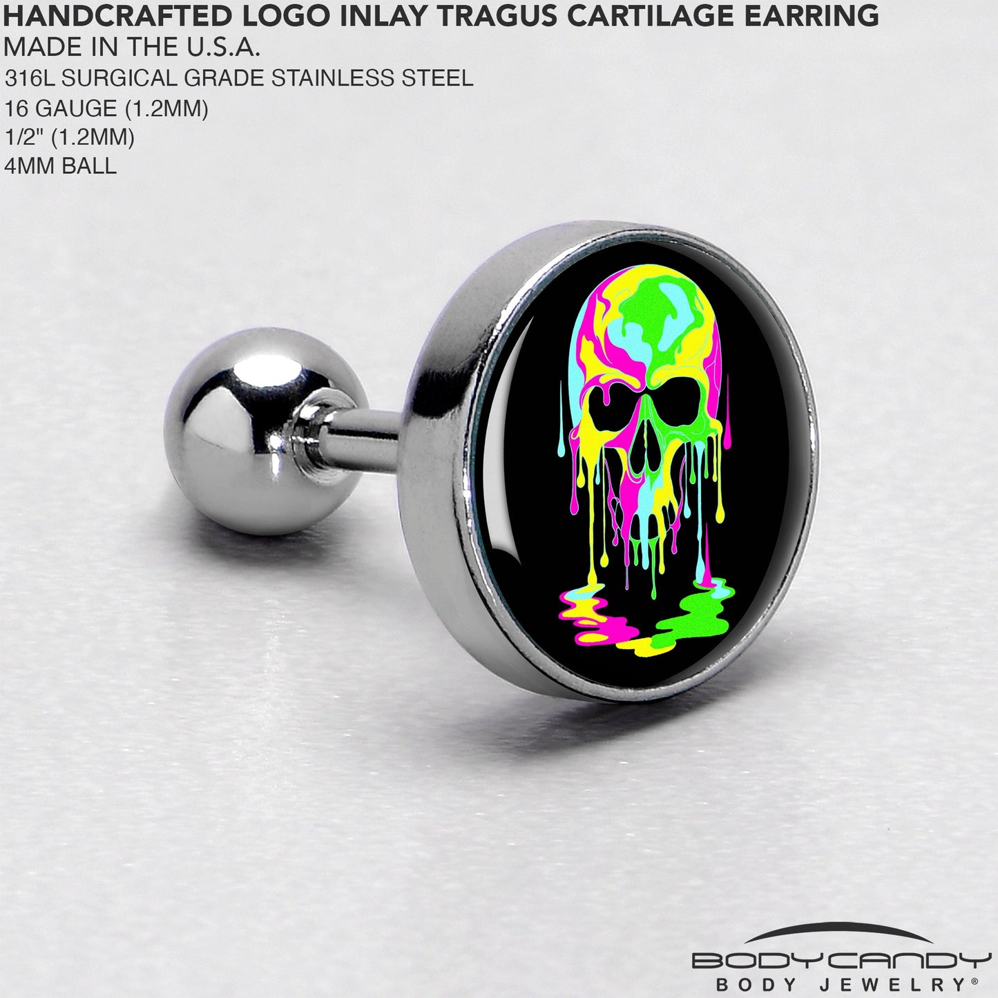 16G 1/4 Ultra Bright Melting Skull Tragus Cartilage Earring by Onyx O