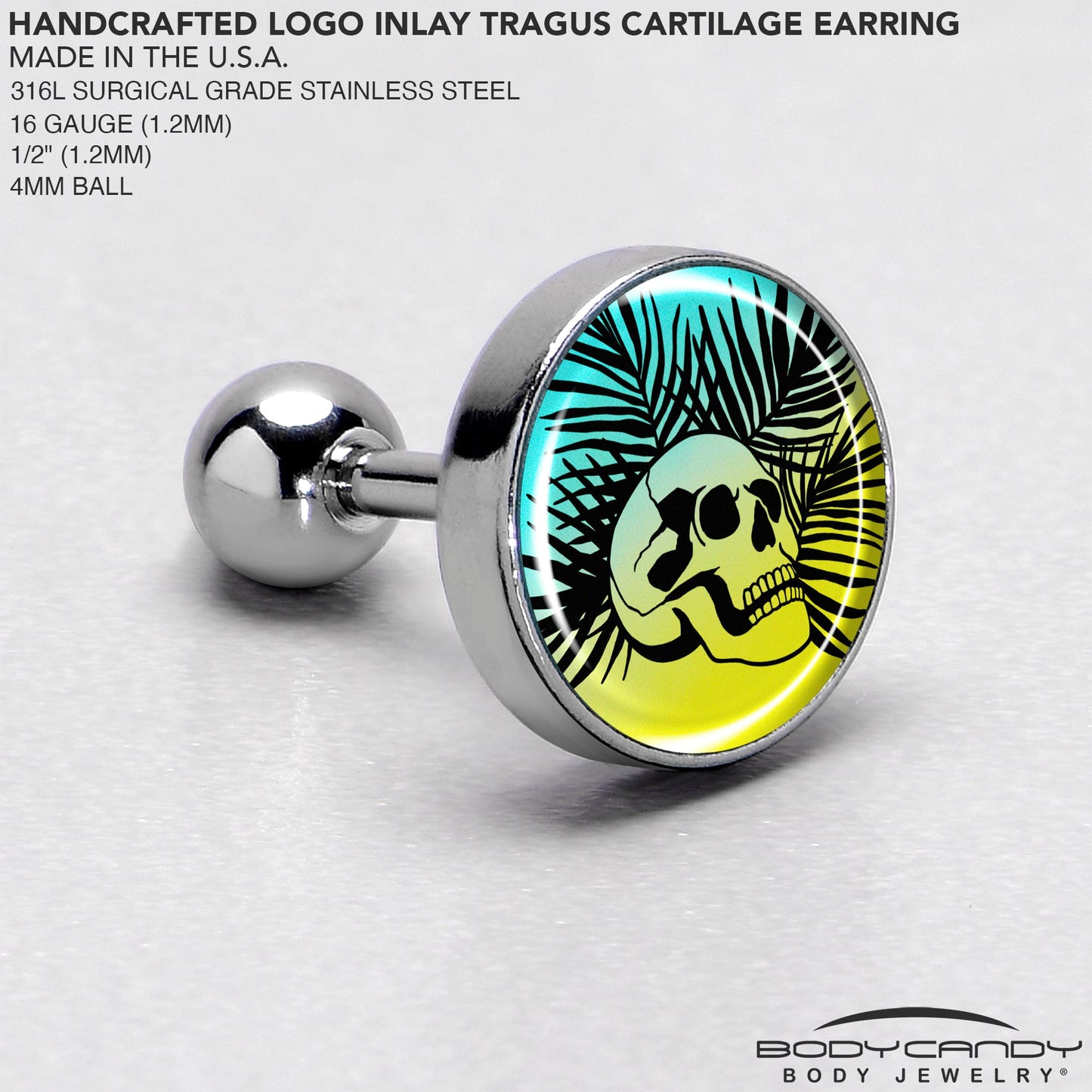 16G 1/4 Blue Haze Sunset Skull and Palms Tragus Cartilage Earring by Onyx O