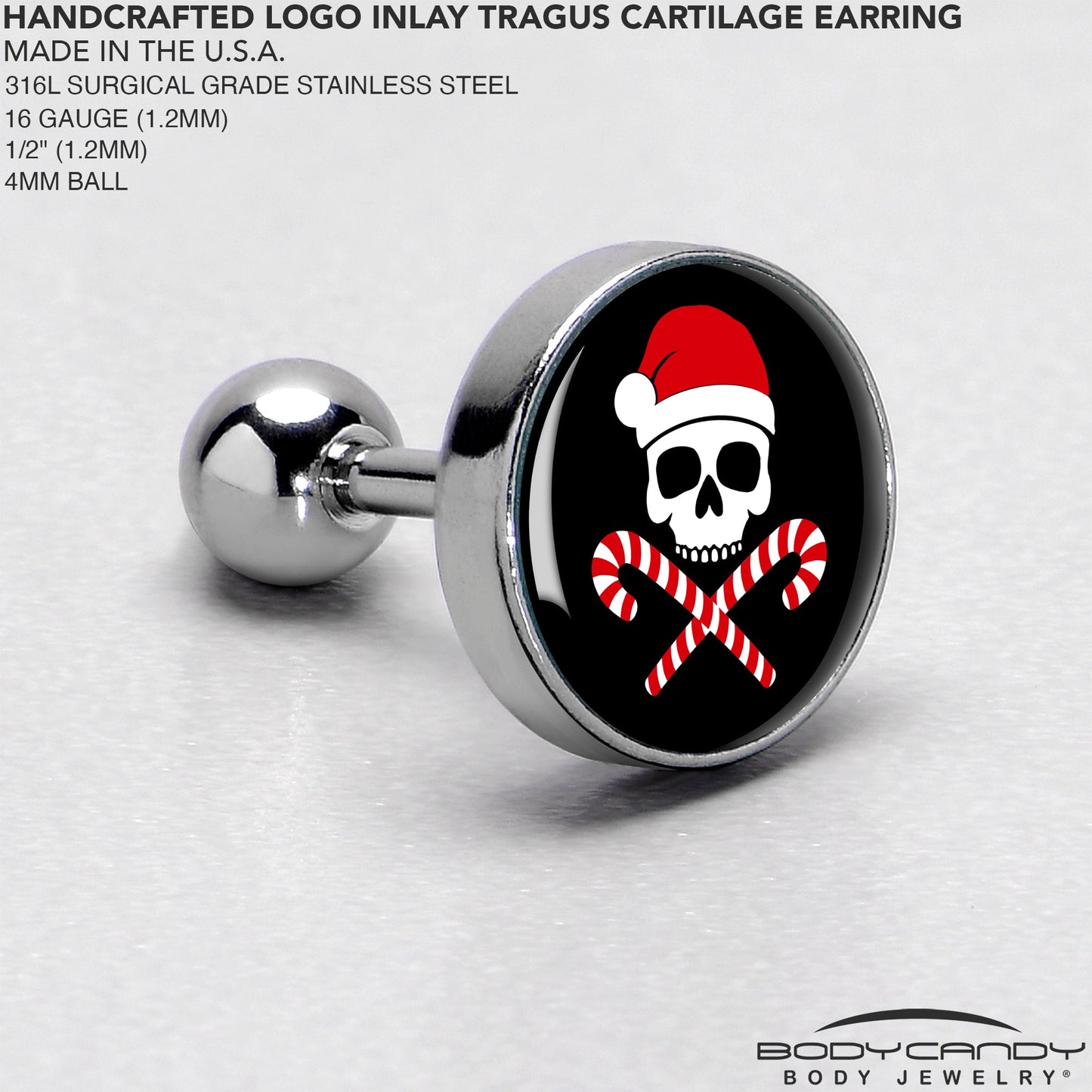 16G 1/4 Santa Pirate Candy Cane Tragus Cartilage Earring by Onyx O