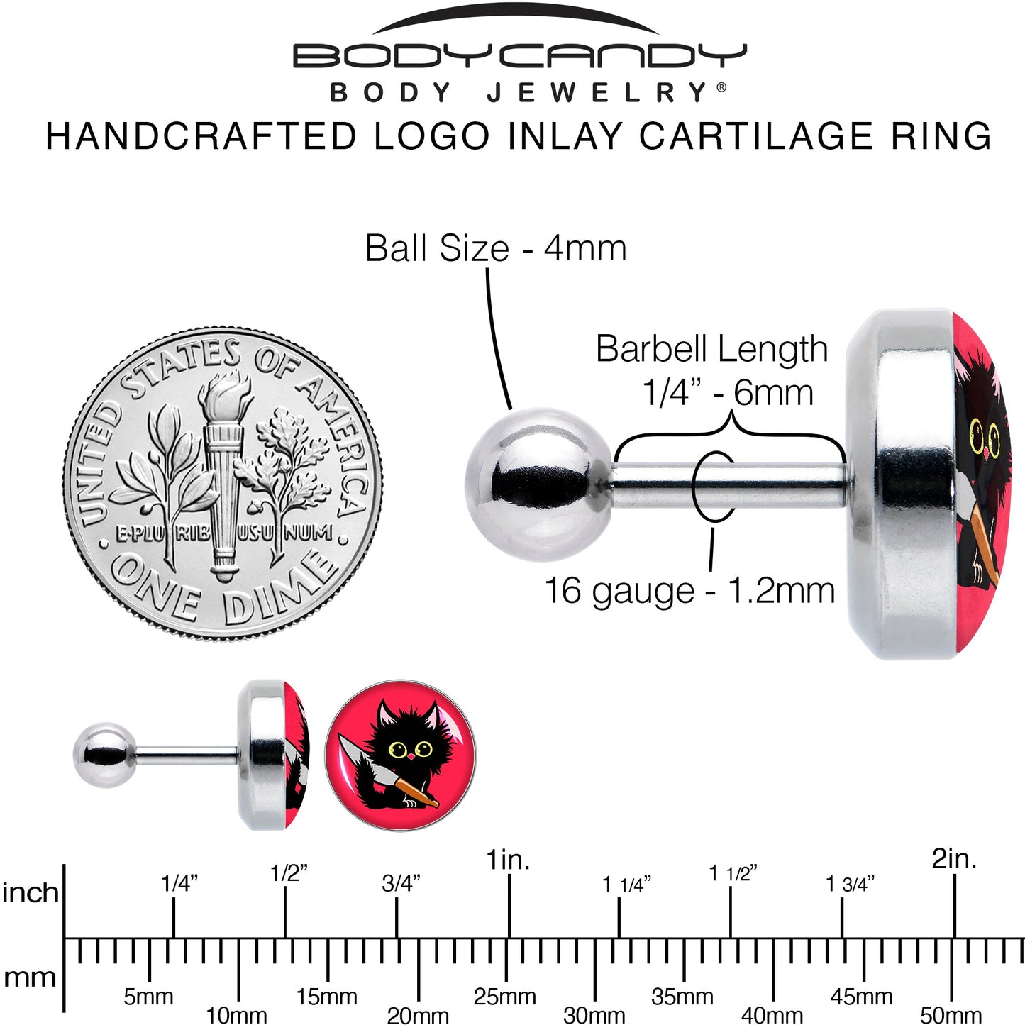 16G 1/4 Stabby Cat Tragus Cartilage Earring by Onyx O