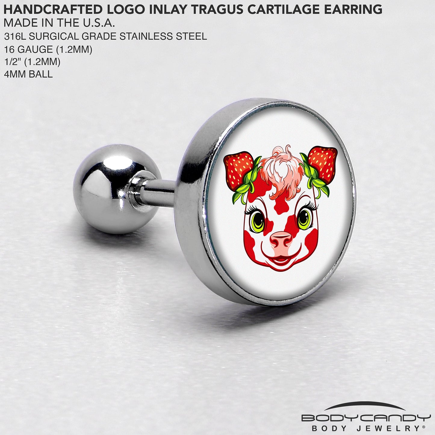 16G 1/4 Strawberry Cow Cartilage Tragus Earring by Onyx O