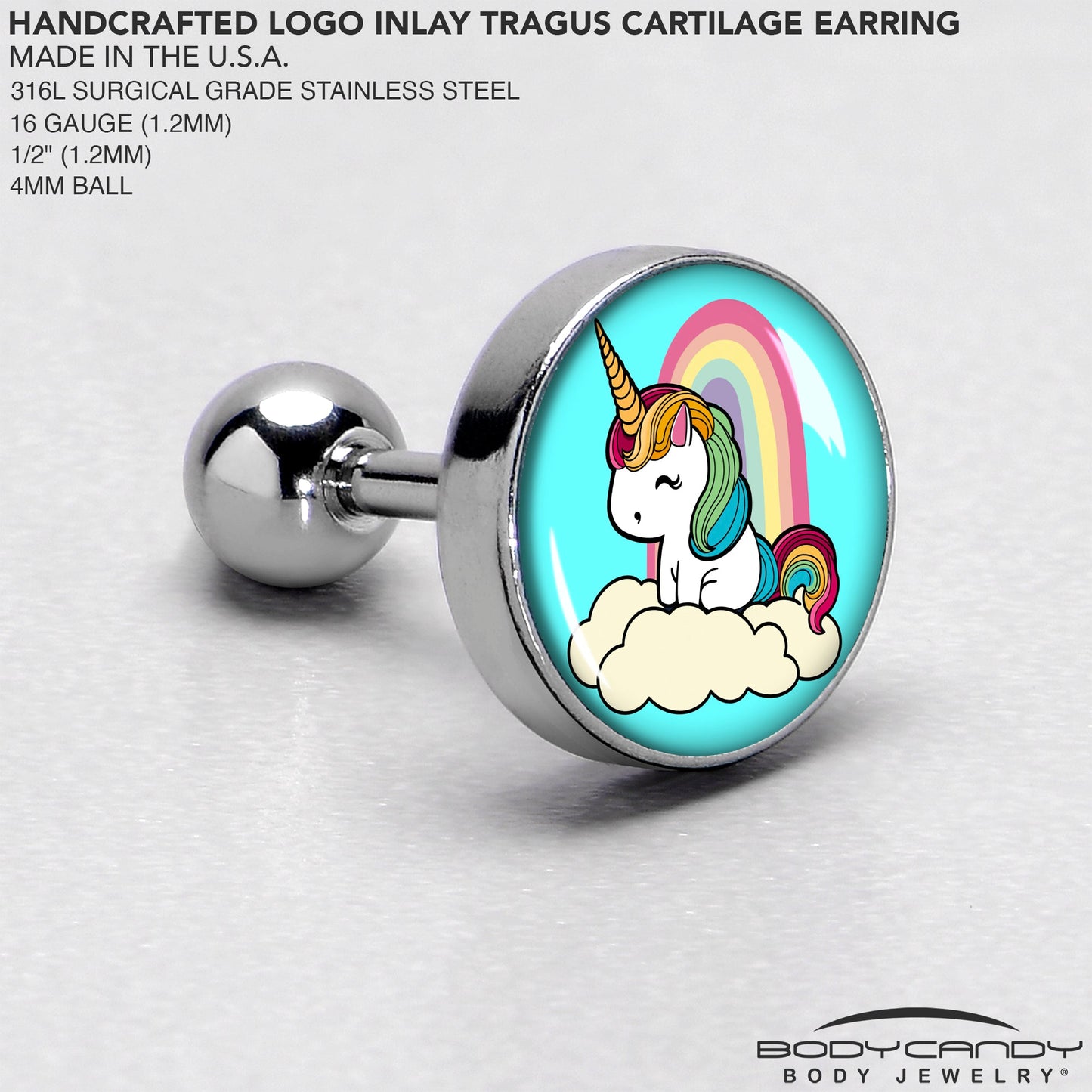 16G 1/4 Rainbow Unicorn Cartilage Tragus Earring by Onyx O