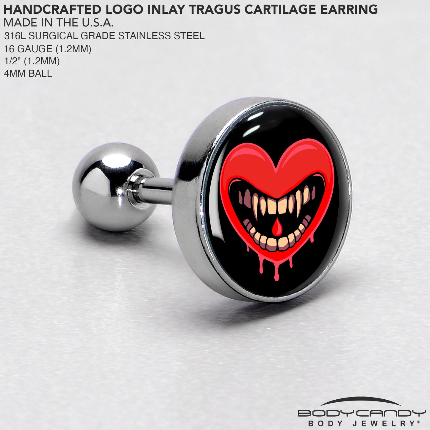 16G Valentine Heart Vampire Tragus Cartilage Earring