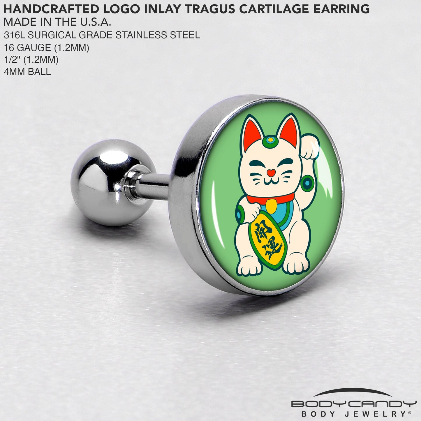 16G 1/4 Waving Cat Cartilage Tragus Earring by Onyx O