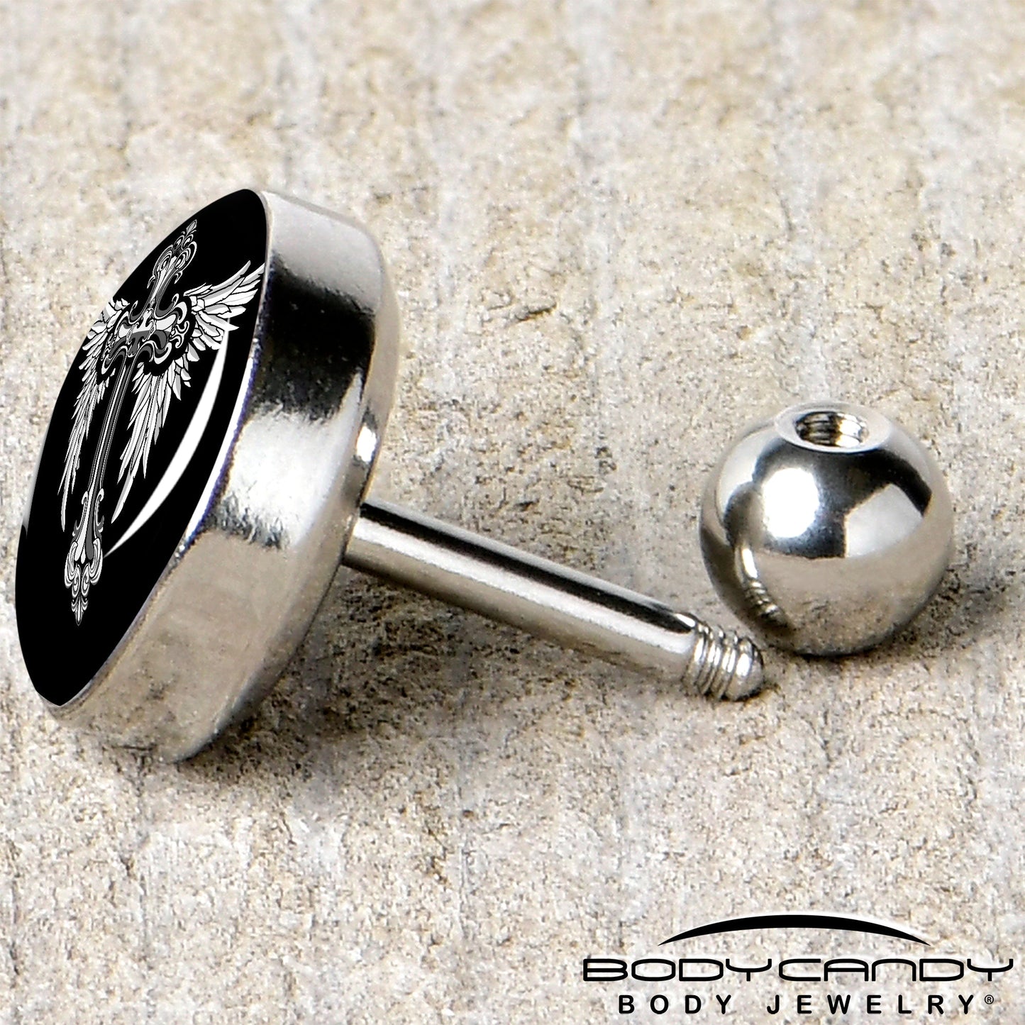 16G 1/4 Black White Winged Cross Tragus Cartilage Earring by Onyx O