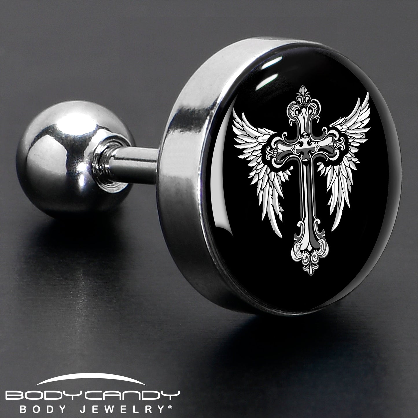 16G 1/4 Black White Winged Cross Tragus Cartilage Earring by Onyx O