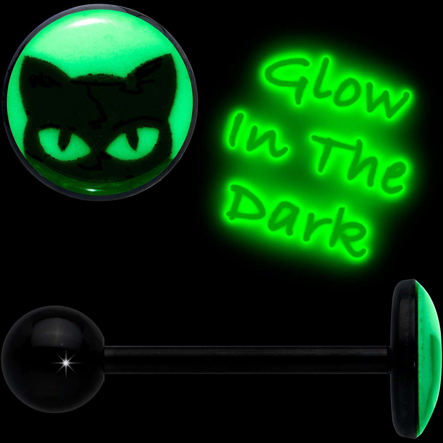 Glow in the Dark Black Anodized Peeking Black Cat Barbell Tongue Ring by Onyx O