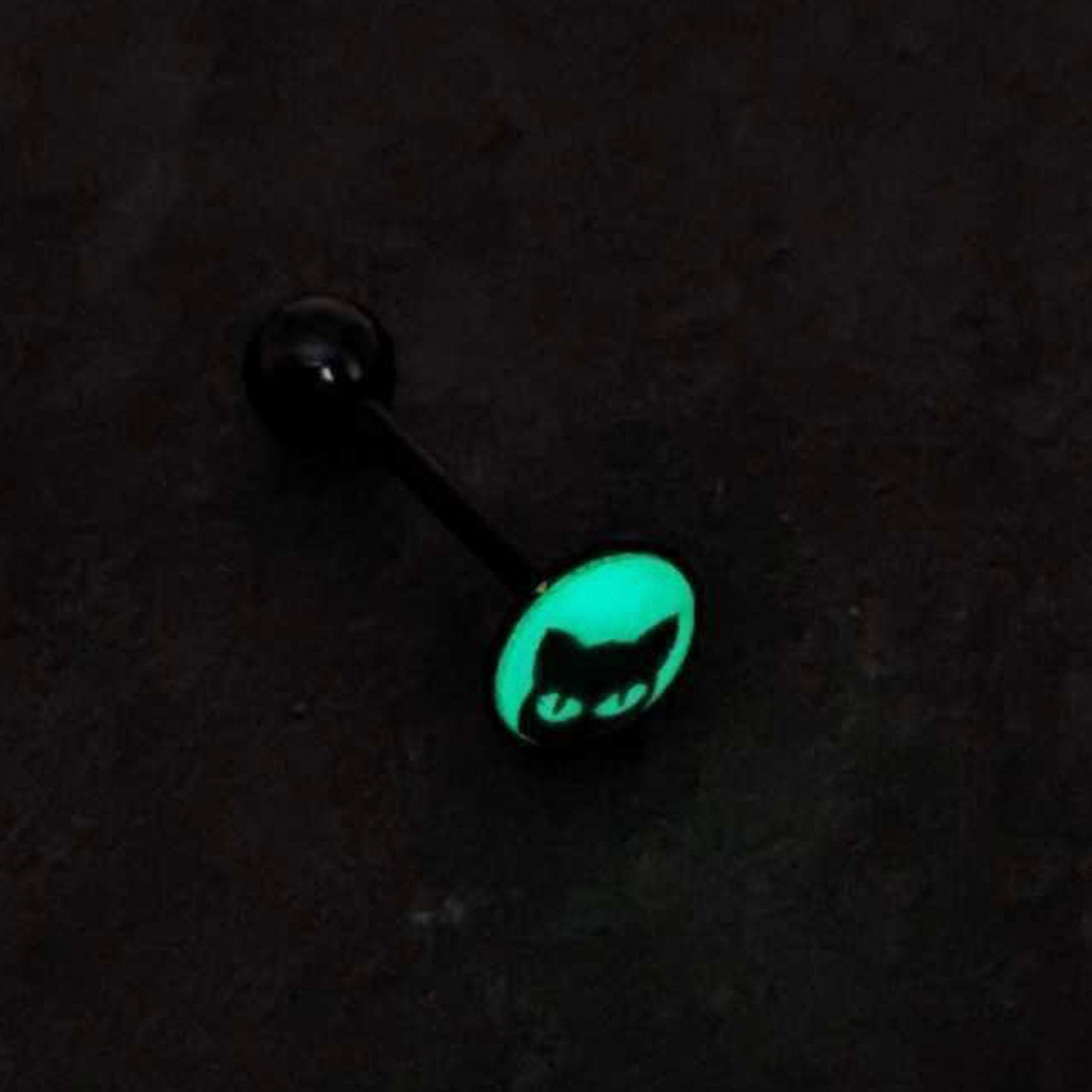 Glow in the Dark Black Anodized Peeking Black Cat Barbell Tongue Ring by Onyx O