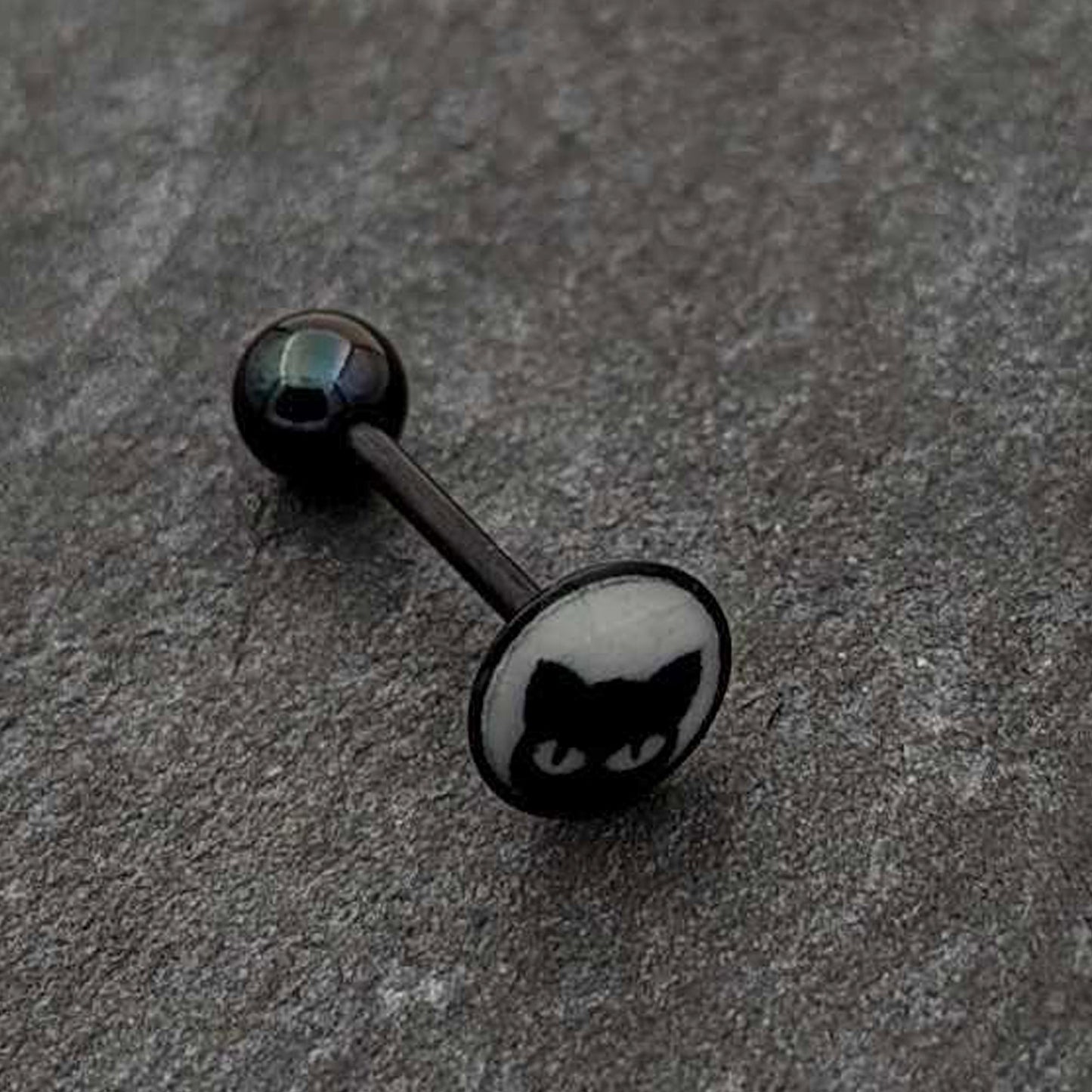 Glow in the Dark Black Anodized Peeking Black Cat Barbell Tongue Ring by Onyx O