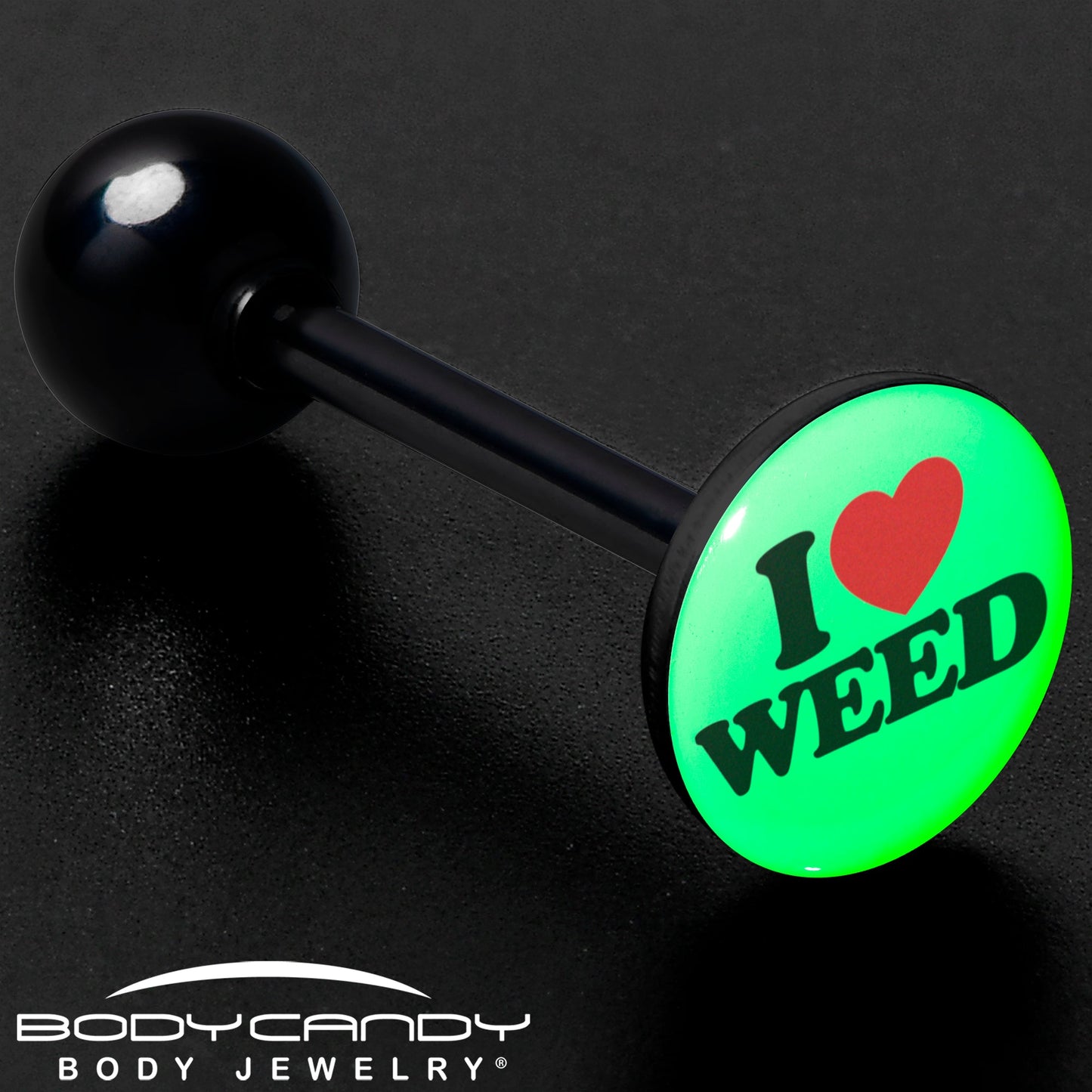 Glow in the Dark Black Anodized I Love Weed Barbell Tongue Ring by Onyx O