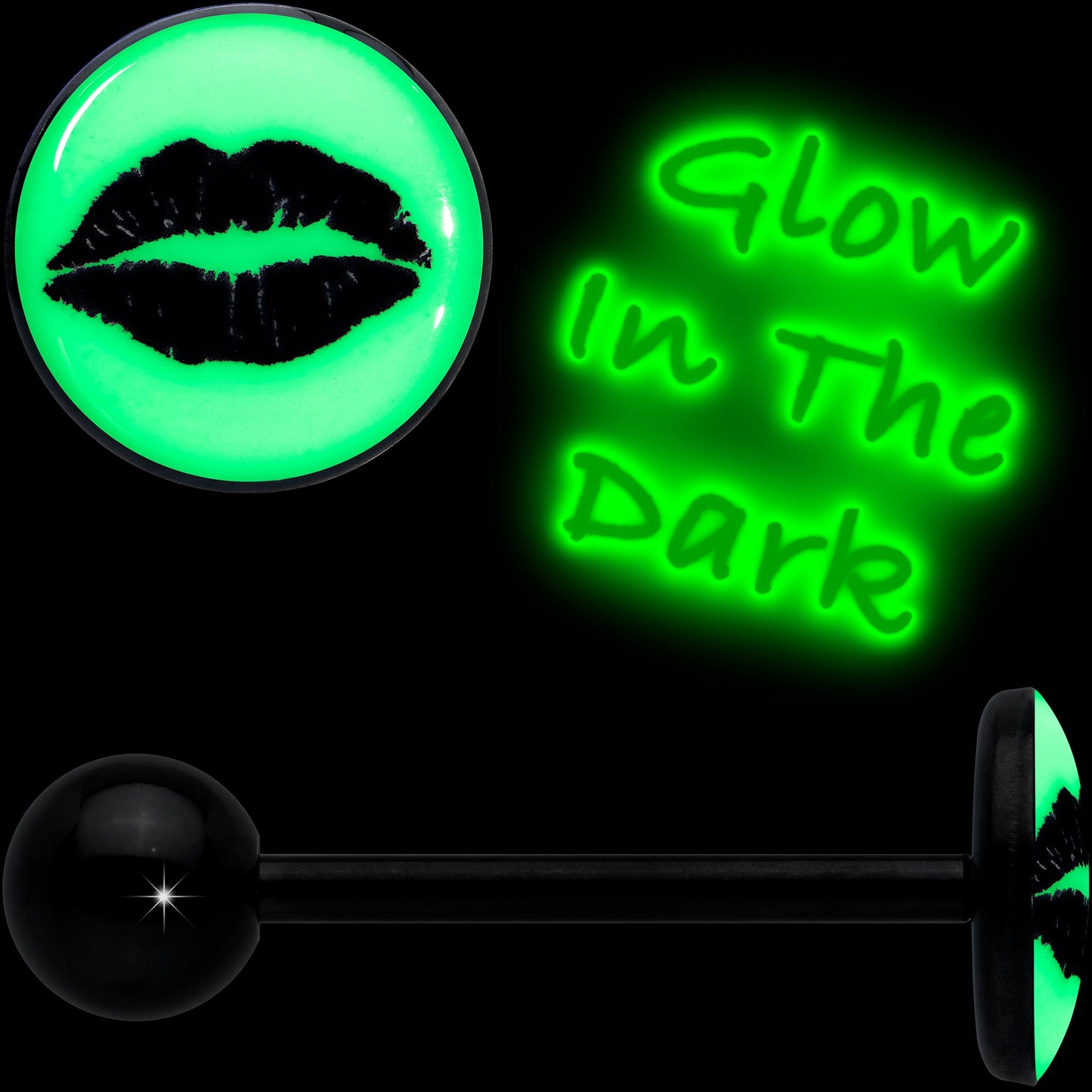 Black Glow in the Dark Lipstick Kiss Mark Barbell Tongue Ring by Onyx O