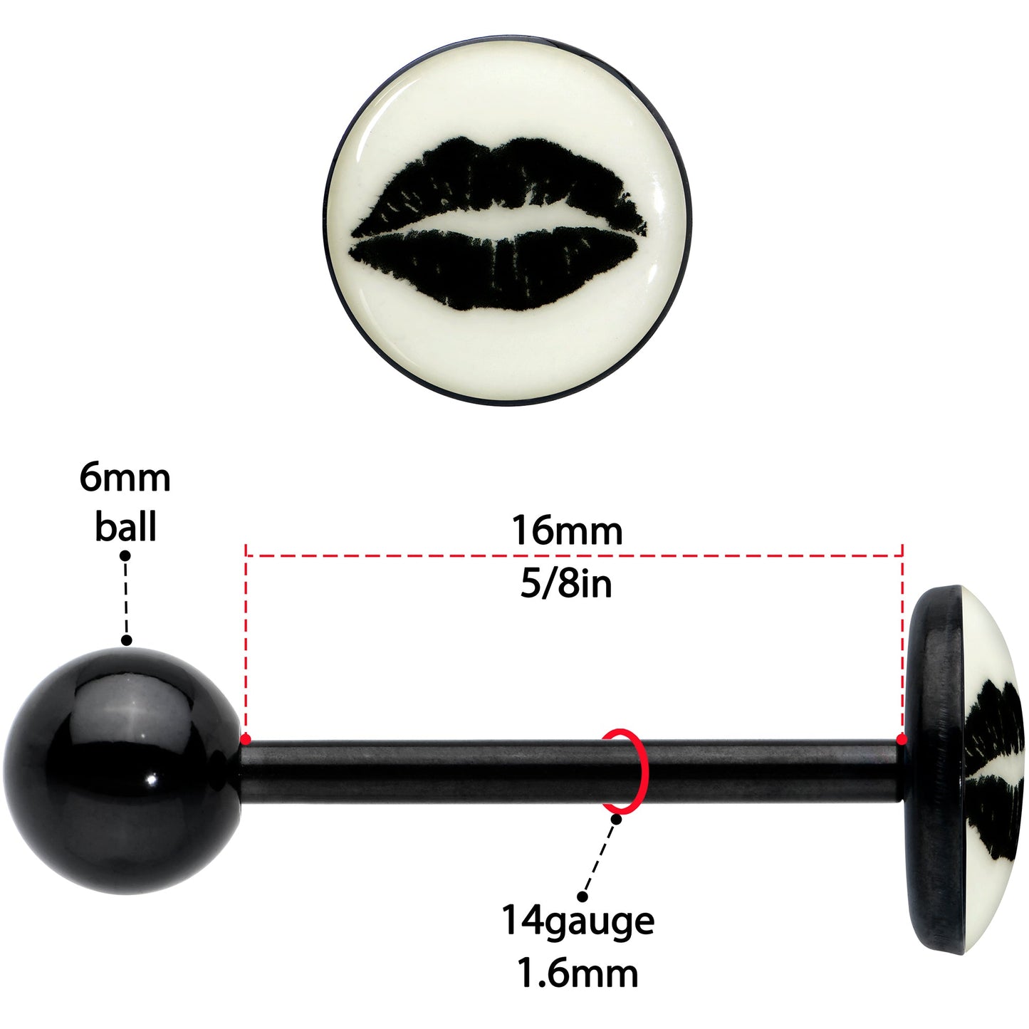 Black Glow in the Dark Lipstick Kiss Mark Barbell Tongue Ring by Onyx O