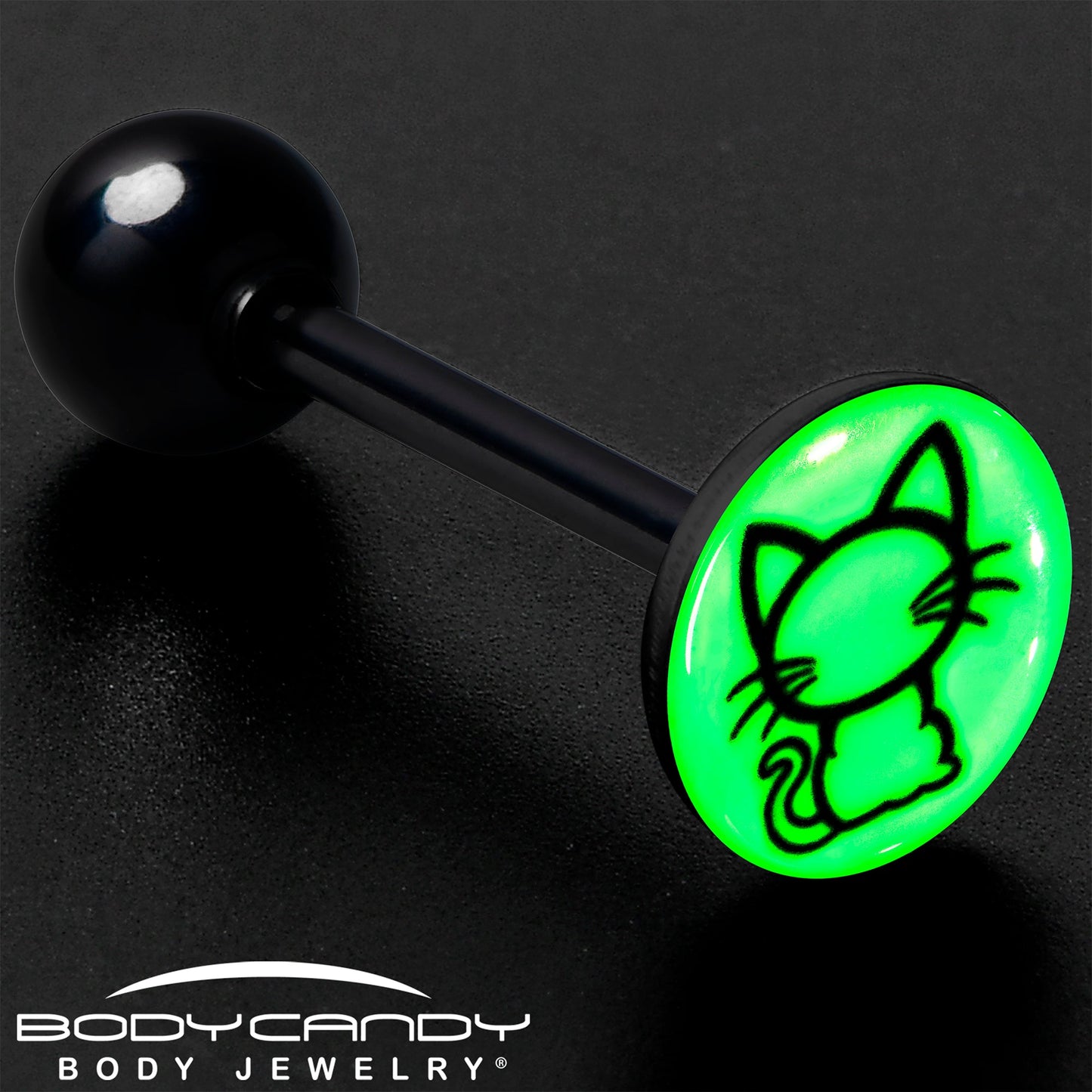 Glow in the Dark Black Anodized Kitty Cat Barbell Tongue Ring by Onyx O