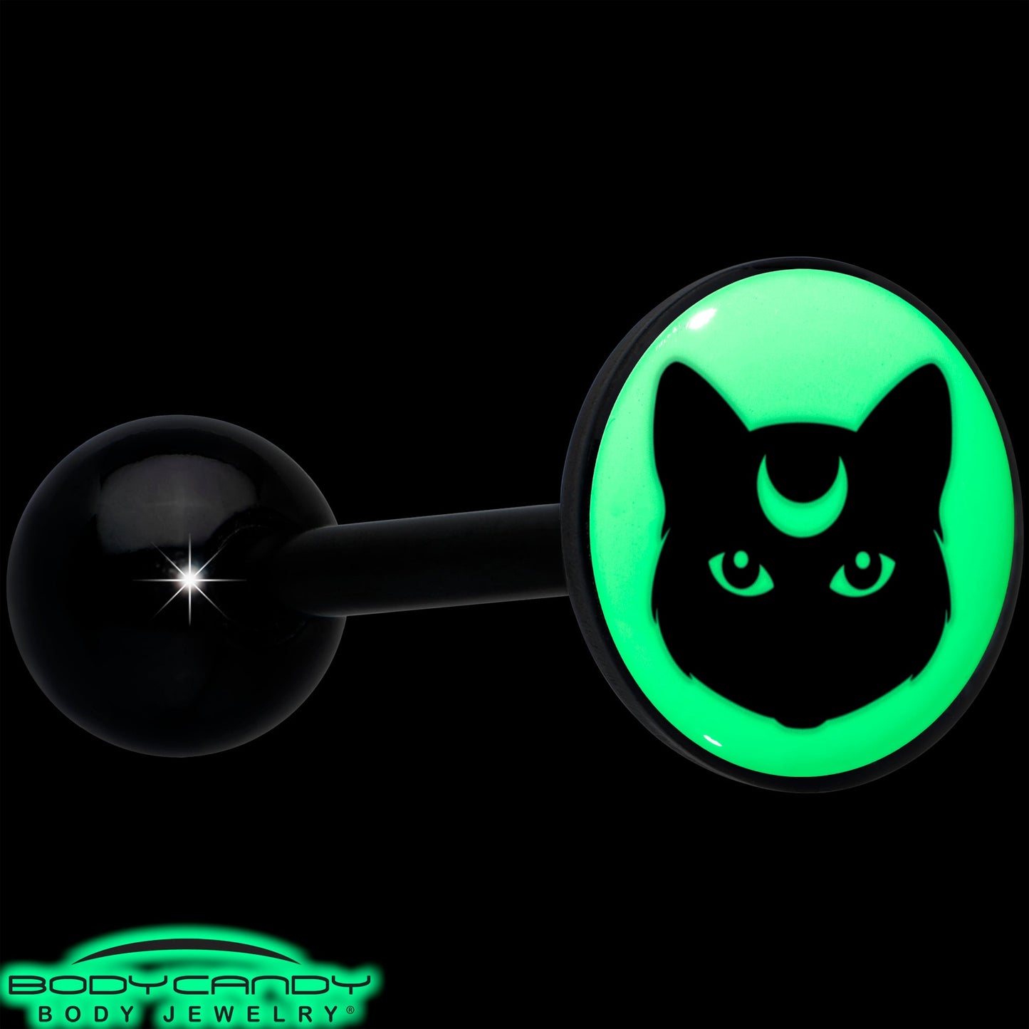 Glow in the Dark Black Anodized Mystic Kitty Cat Barbell Tongue Ring by Onyx O