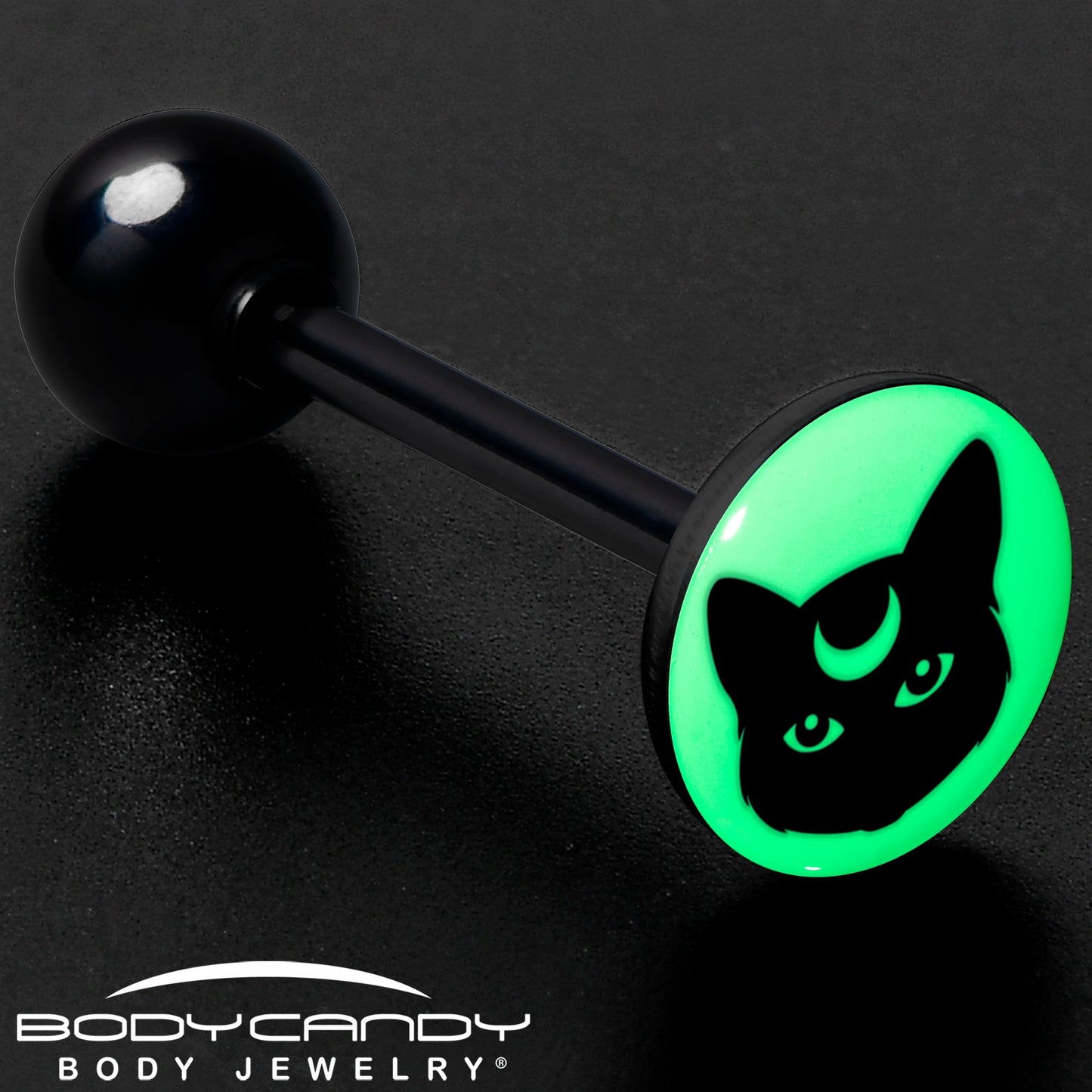 Glow in the Dark Black Anodized Mystic Kitty Cat Barbell Tongue Ring by Onyx O