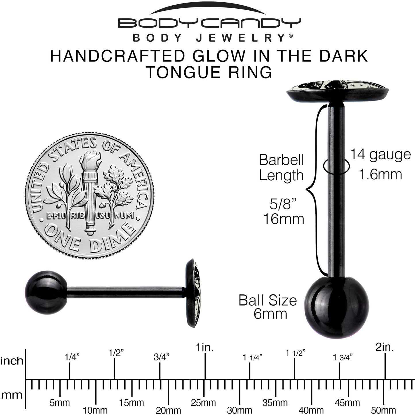 Glow in the Dark Black Anodized Mystic Mushroom Barbell Tongue Ring by Onyx O
