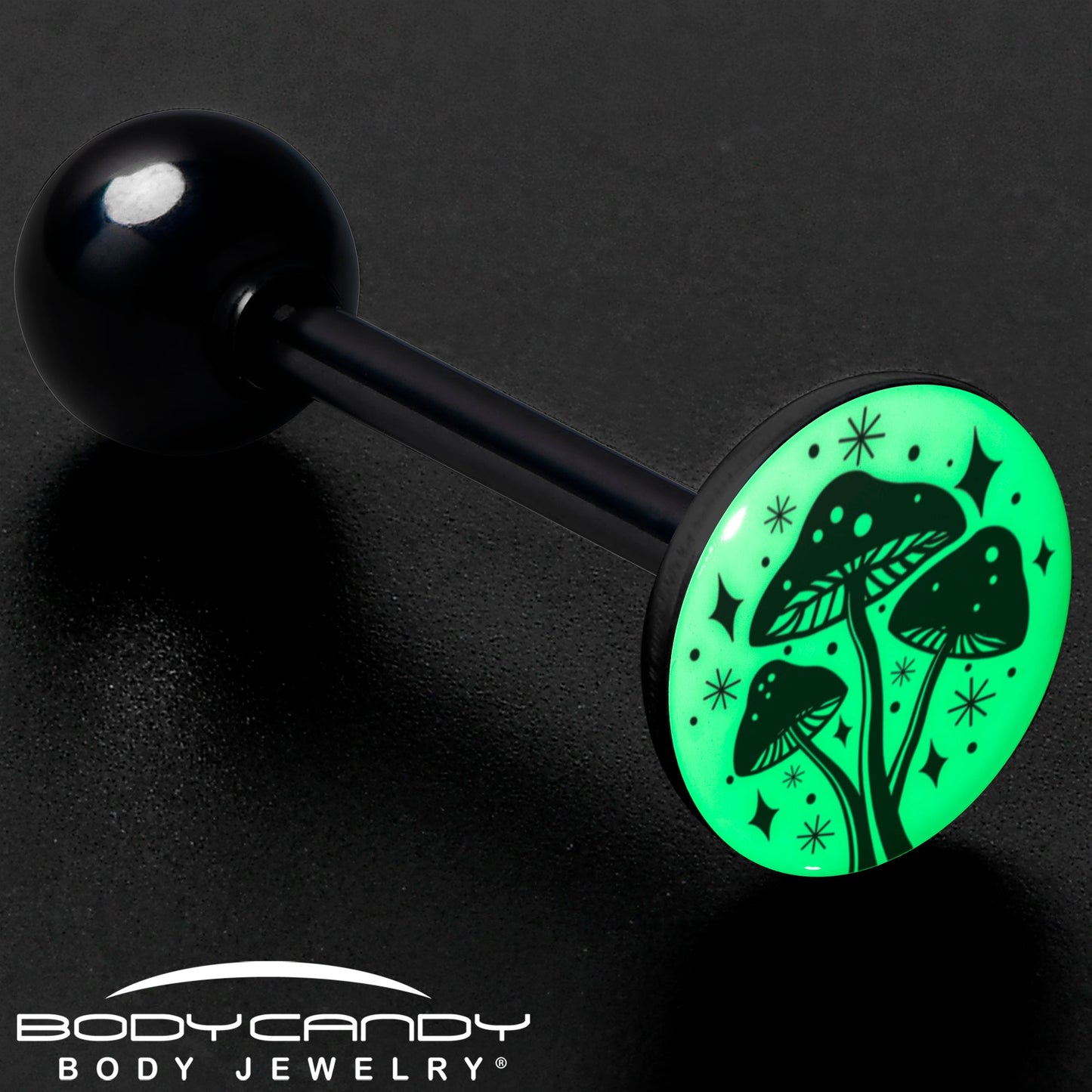 Glow in the Dark Black Anodized Mystic Mushroom Barbell Tongue Ring by Onyx O