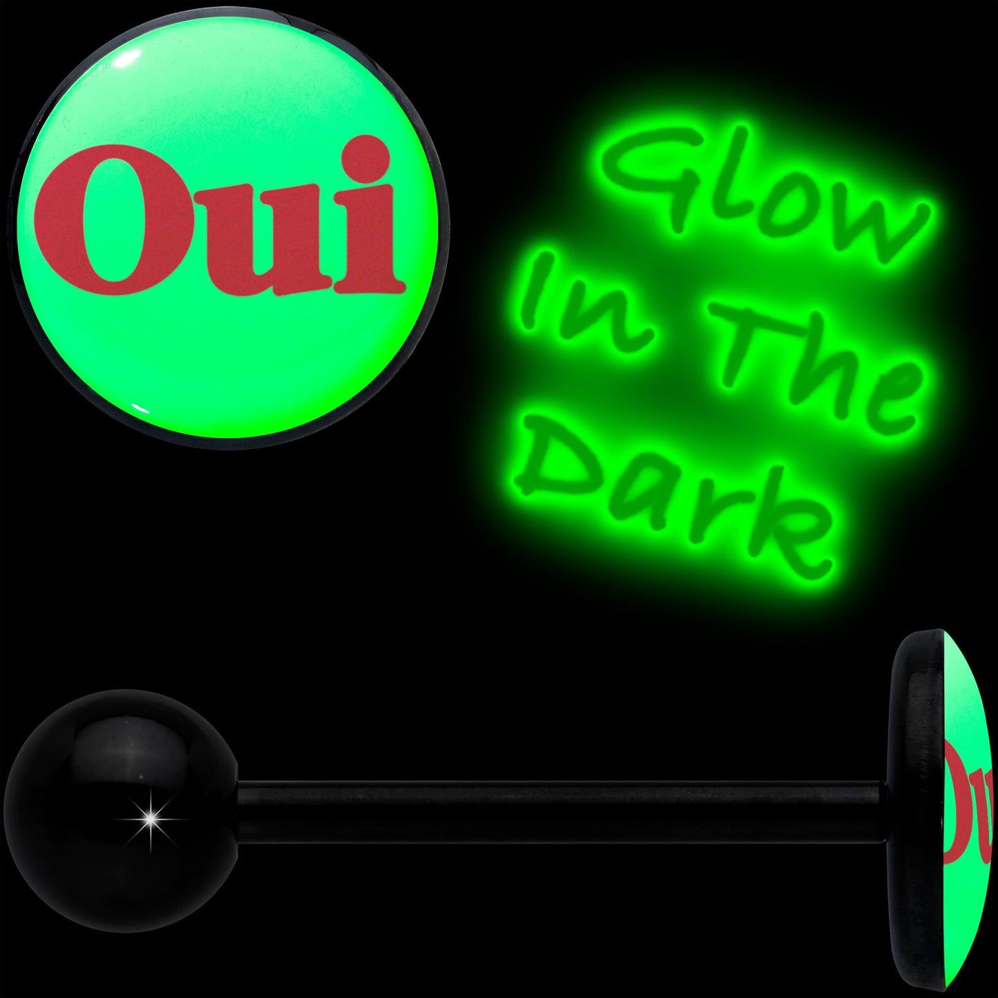 Glow in the Dark Black Anodized OUI Barbell Tongue Ring by Onyx O