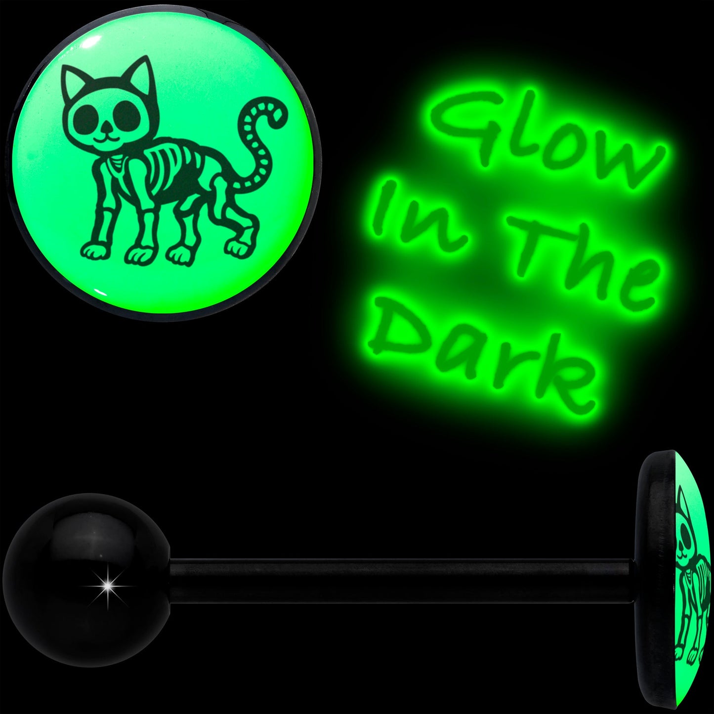 Glow in the Dark Black Anodized Skeleton Kitty Cat Barbell Tongue Ring by Onyx O