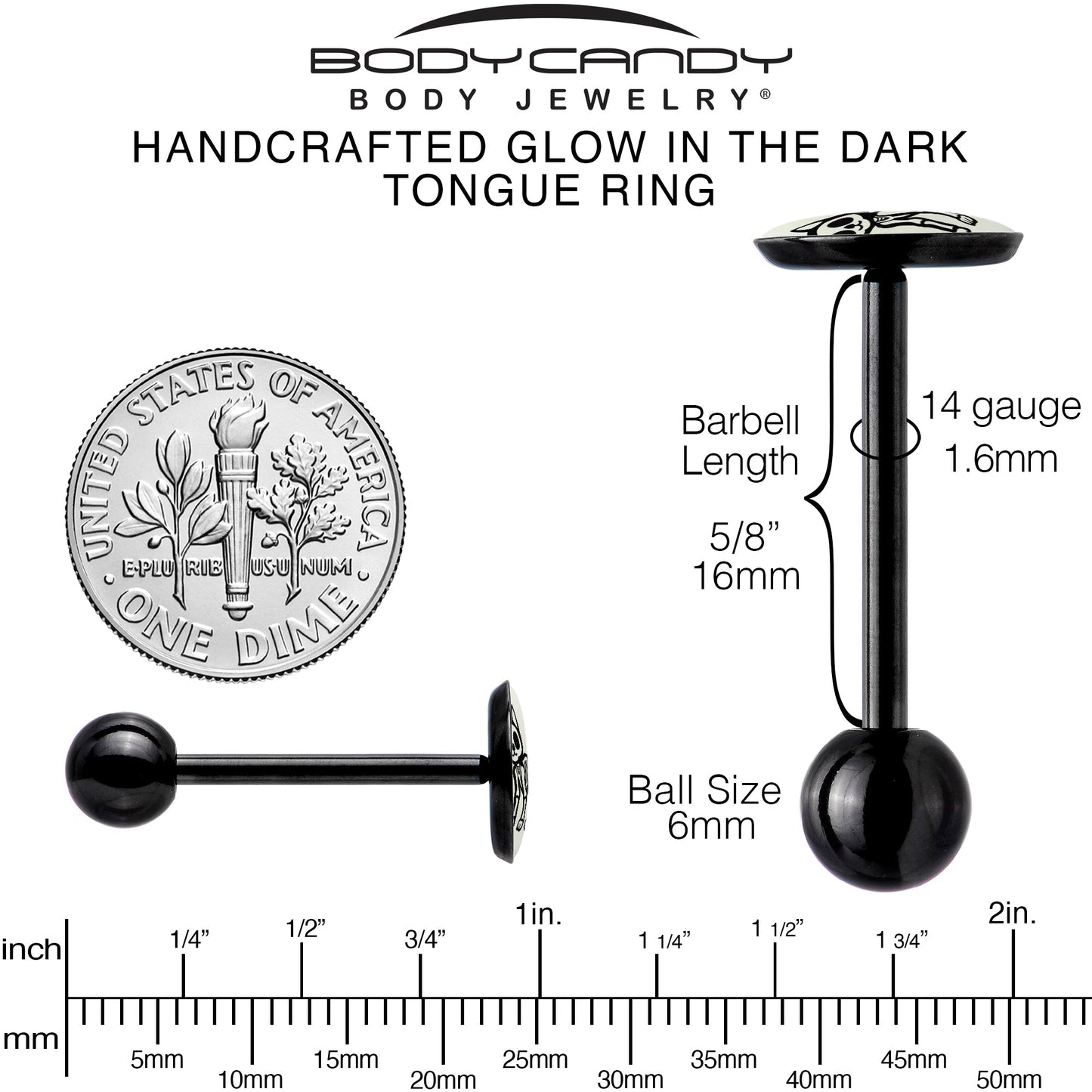 Glow in the Dark Black Anodized Skeleton Kitty Cat Barbell Tongue Ring by Onyx O