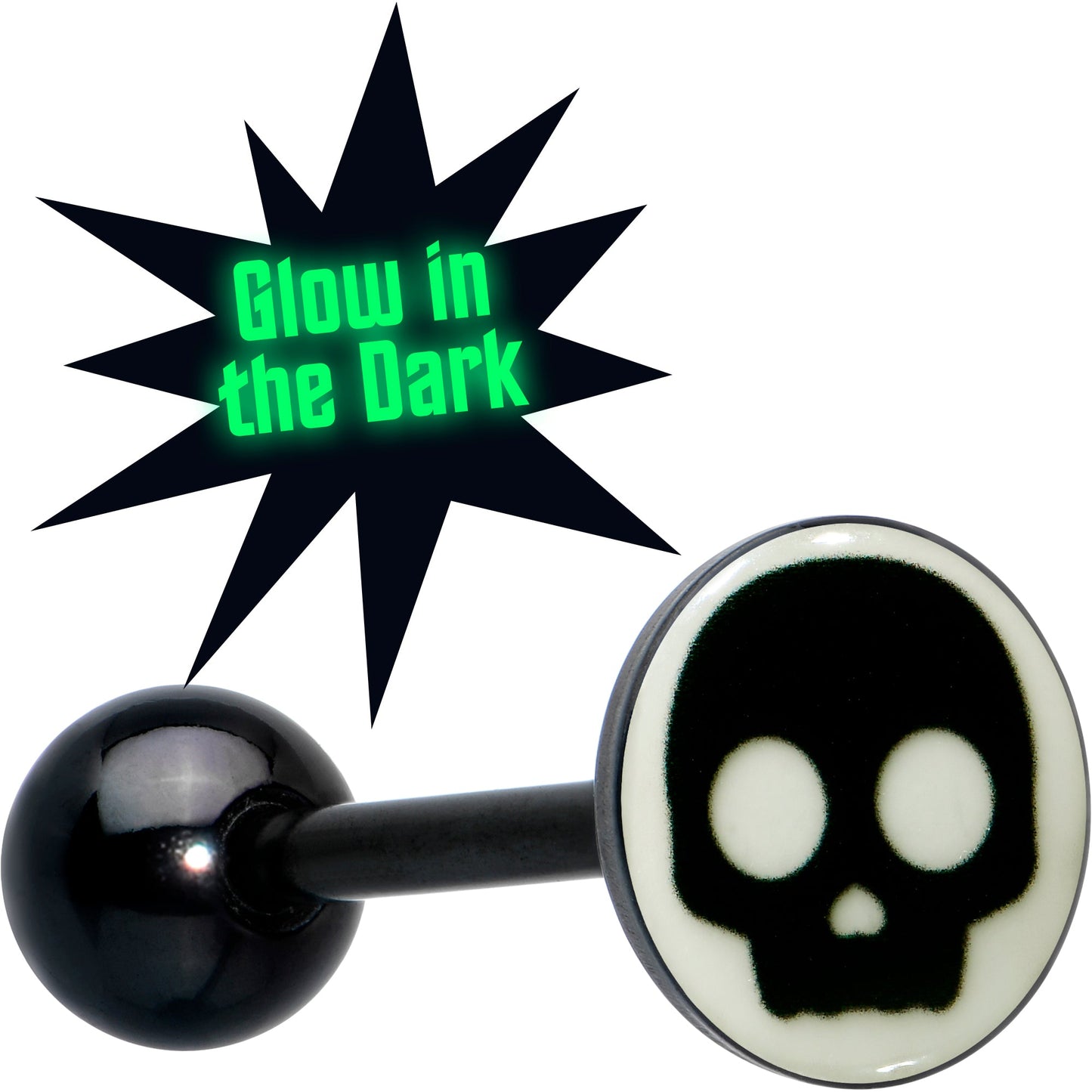 Glow in the Dark Black Anodized Simple Skull Barbell Tongue Ring by Onyx O