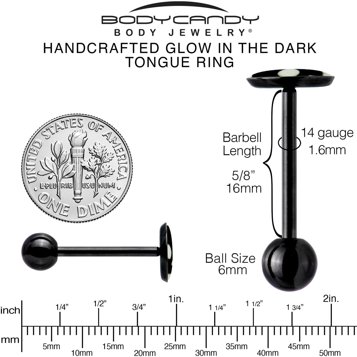 Glow in the Dark Black Anodized Simple Skull Barbell Tongue Ring by Onyx O