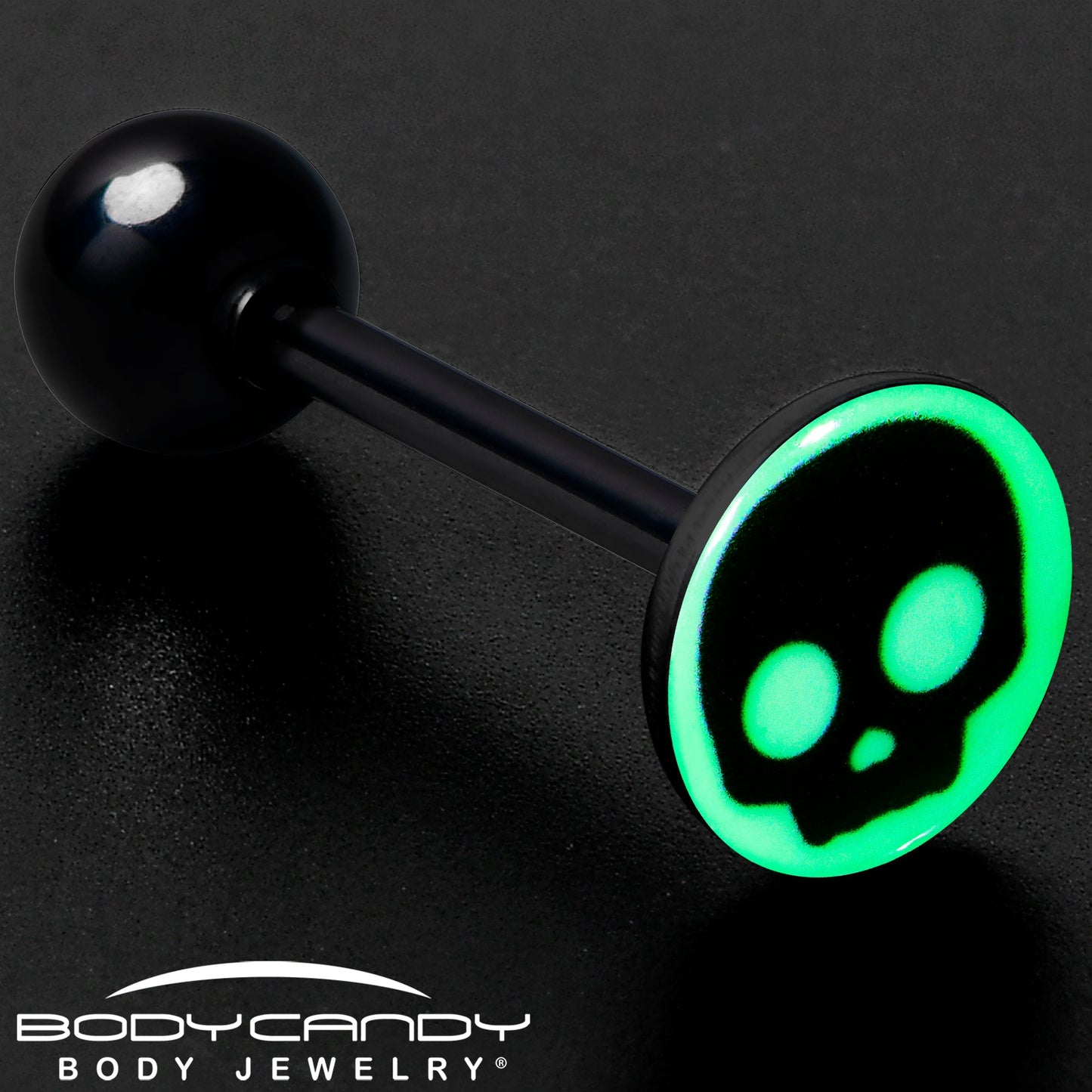 Glow in the Dark Black Anodized Simple Skull Barbell Tongue Ring by Onyx O