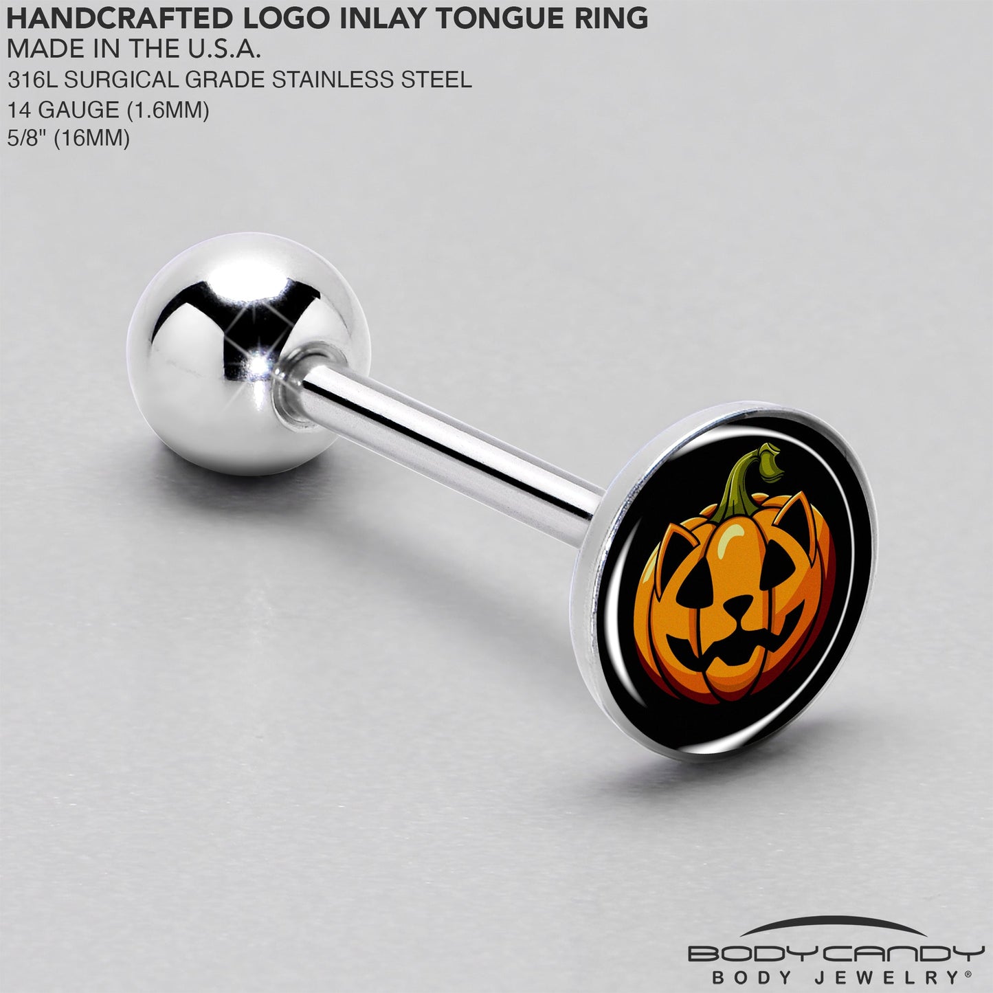 Orange Pumpkin Cat Jack-O-Lantern Barbell Tongue Ring by Onyx O