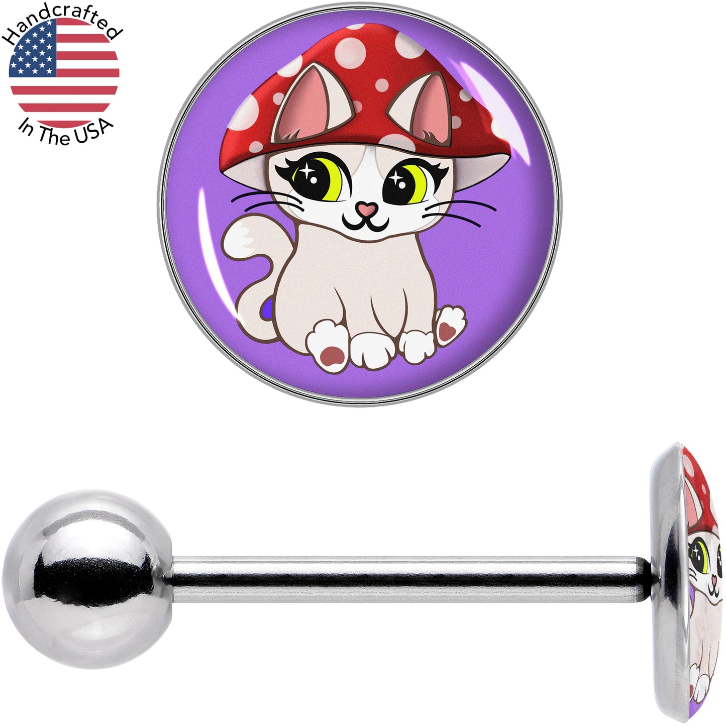 Polka Dot Mushroom Hat Cat Barbell Tongue Ring by Onyx O