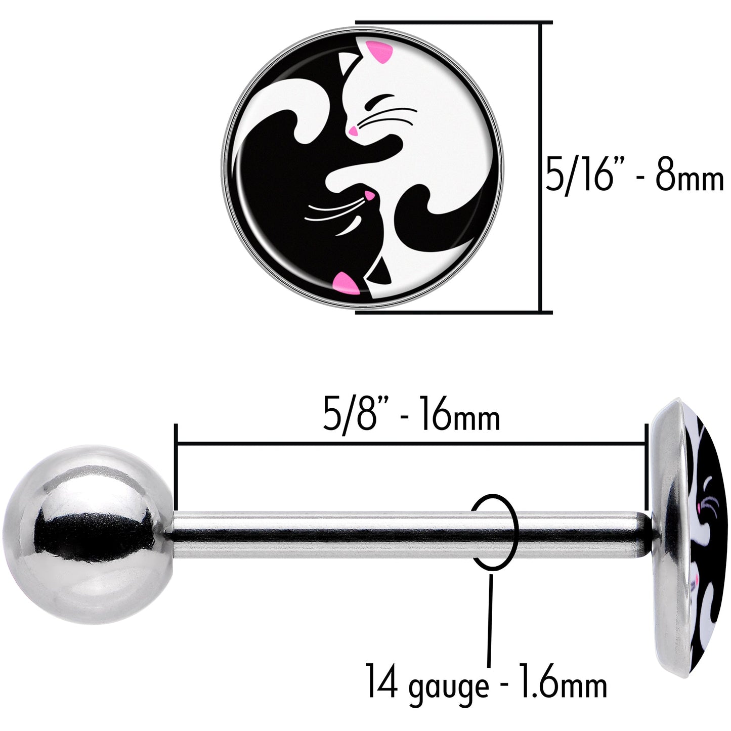 Cute Kitty Cat Yin Yang Barbell Tongue Ring by Onyx O